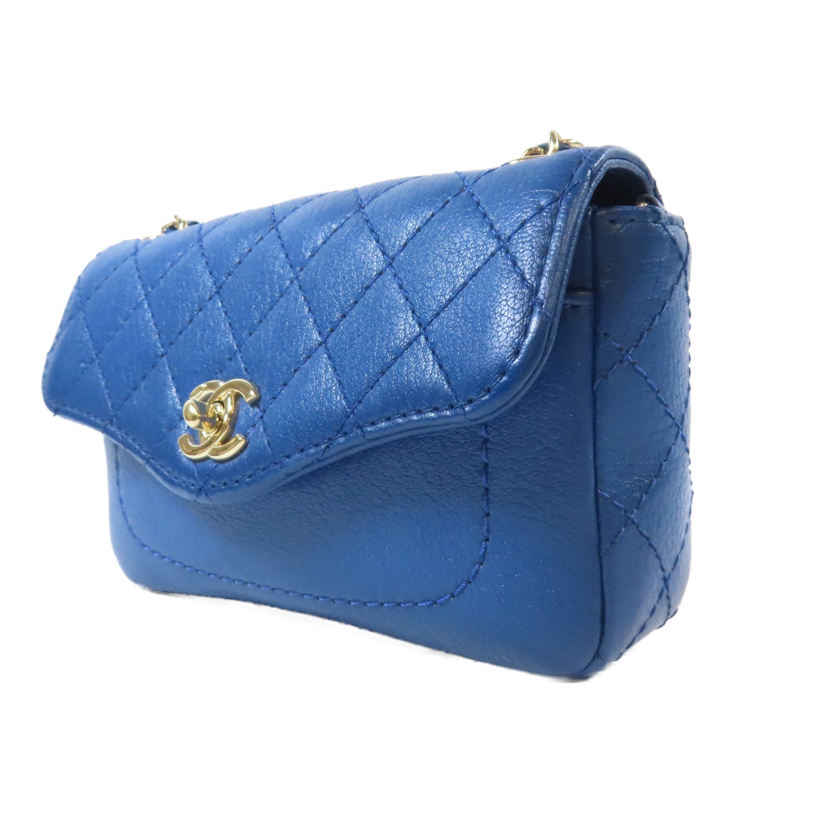 CHANEL 菱格Caviar皮革Mini Chain Bag金扣肩背袋藍色