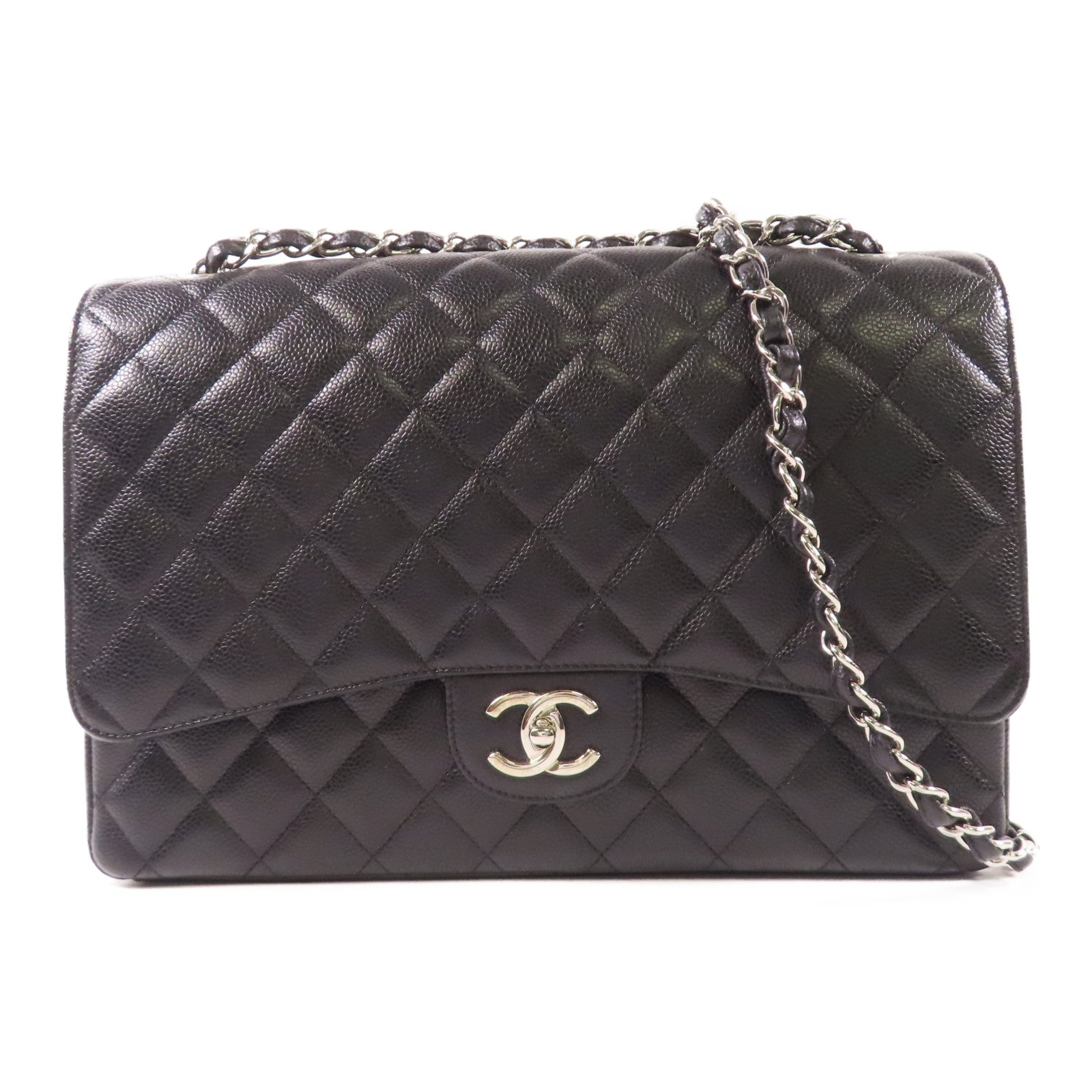 CHANEL 牛皮皮革Maxi Classic銀扣鏈帶肩背袋