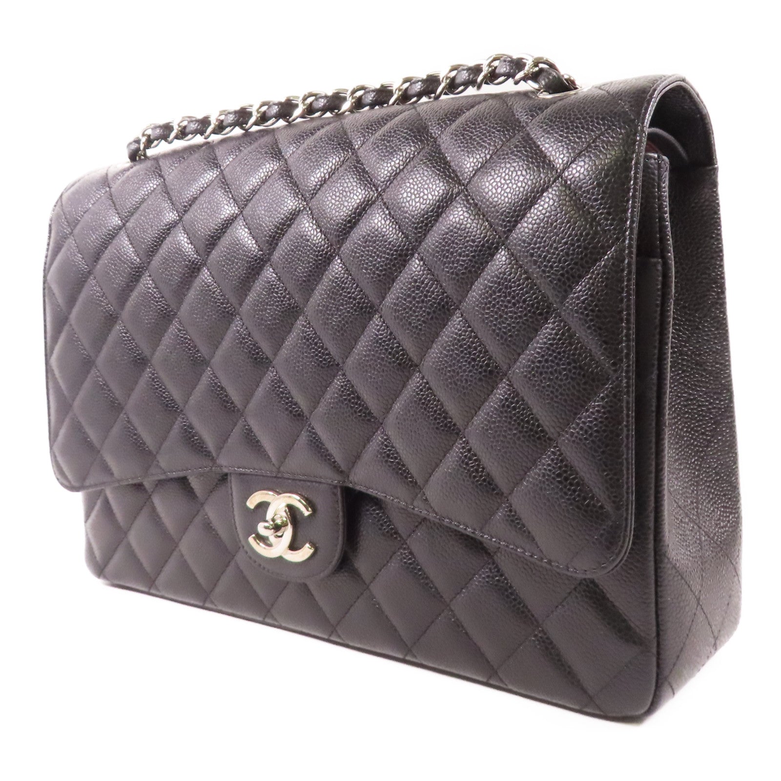 CHANEL 牛皮皮革Maxi Classic銀扣鏈帶肩背袋