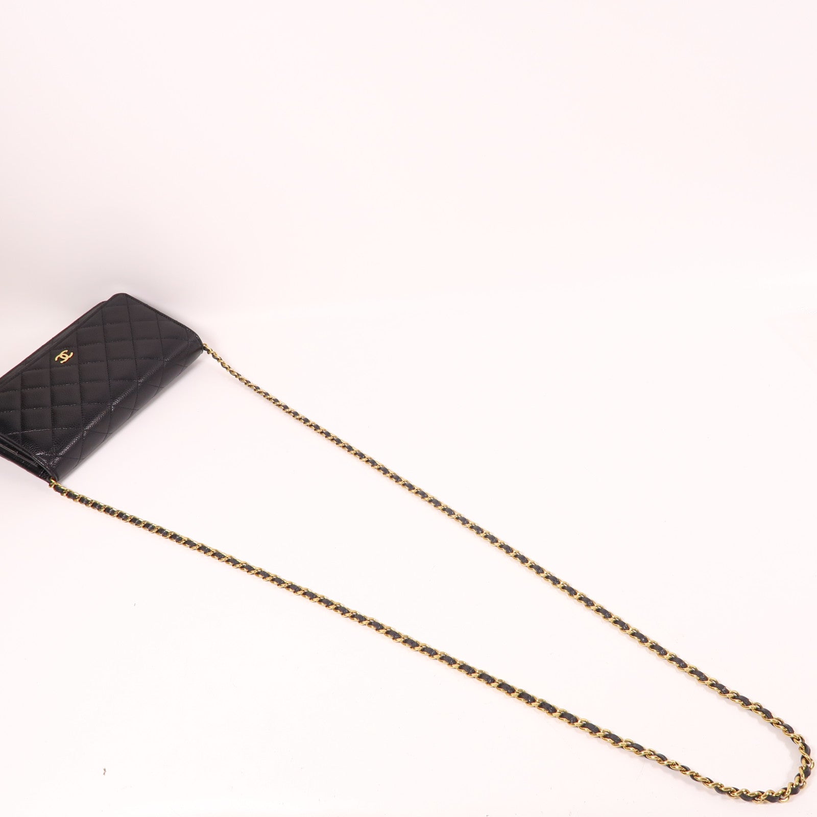CHANEL 菱格Caviar皮革Wallet On Chain金扣鏈帶肩背袋黑色