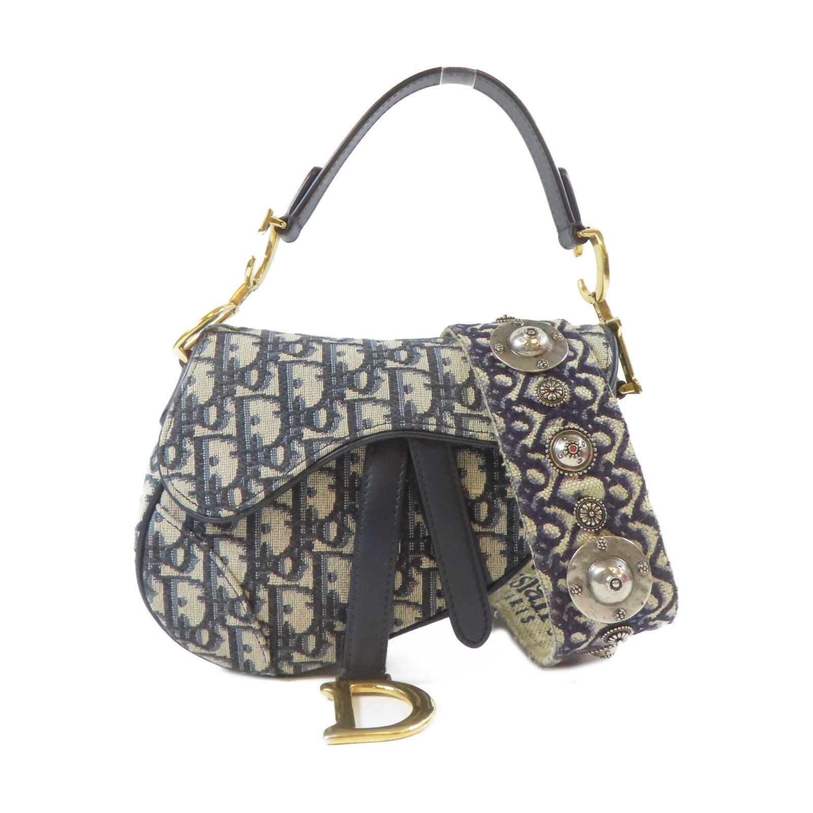 Dior 帆布Saddle金扣手挽肩背兩用袋深藍色/米色