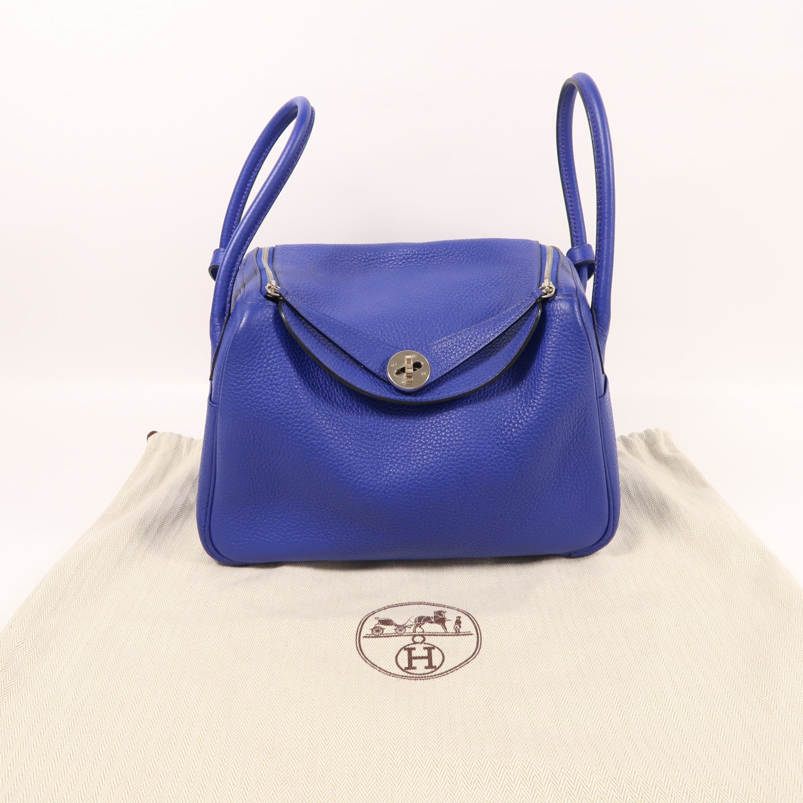 HERMES Clemence皮革Lindy 26手挽肩背兩用袋銀扣Bleu Electric