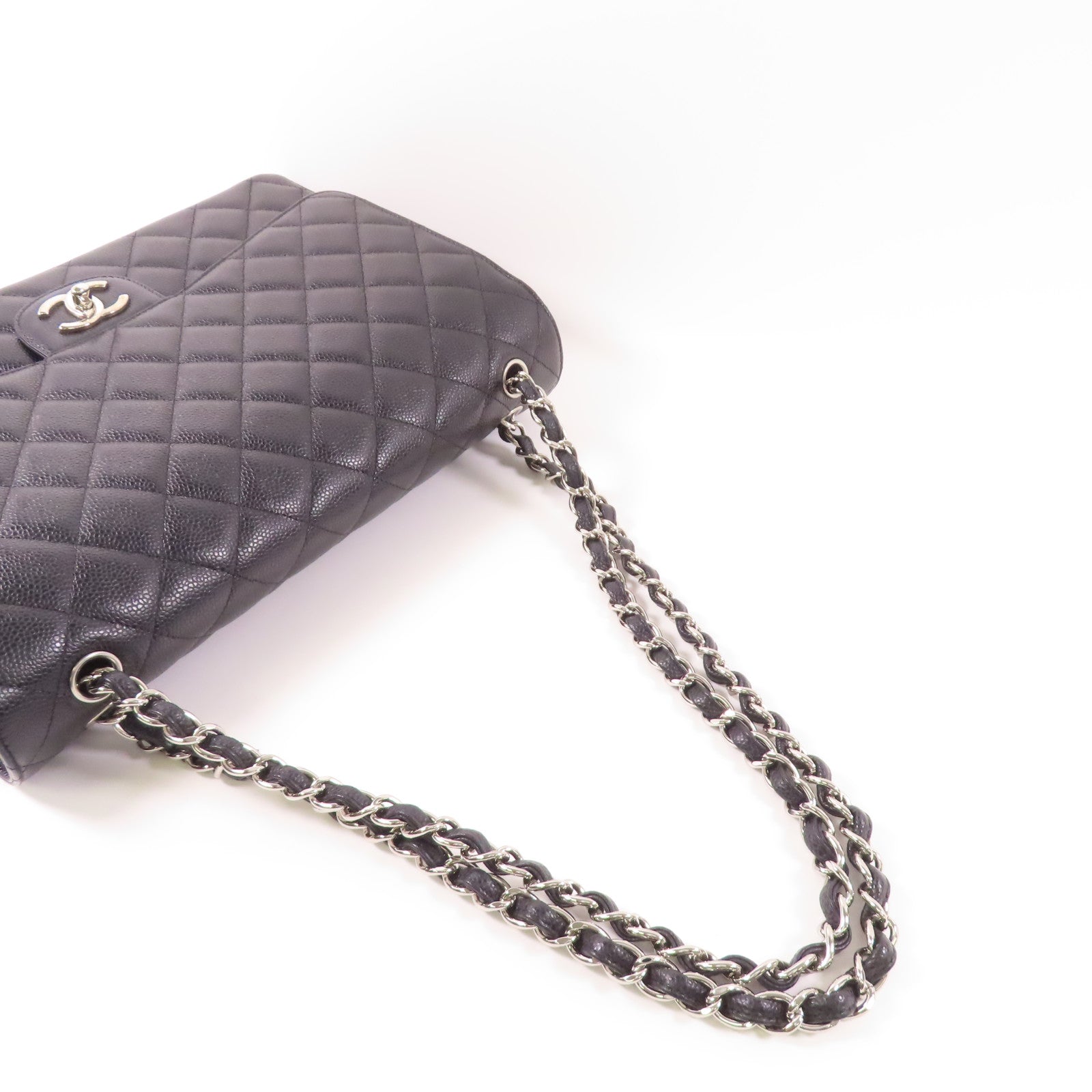CHANEL 牛皮皮革Maxi Classic銀扣鏈帶肩背袋