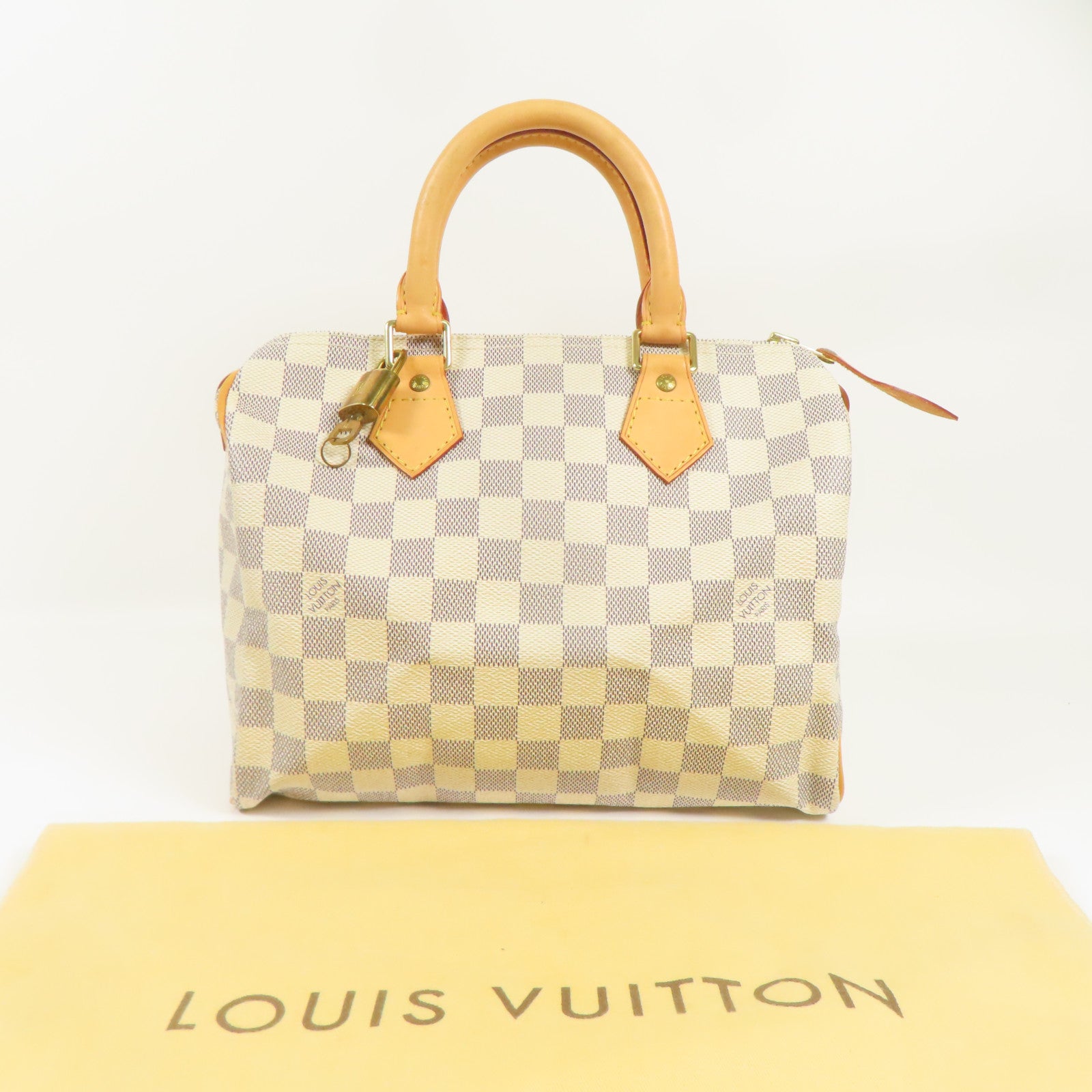 LOUIS VUITTON Damier Azur Speedy 25金扣手挽袋白色