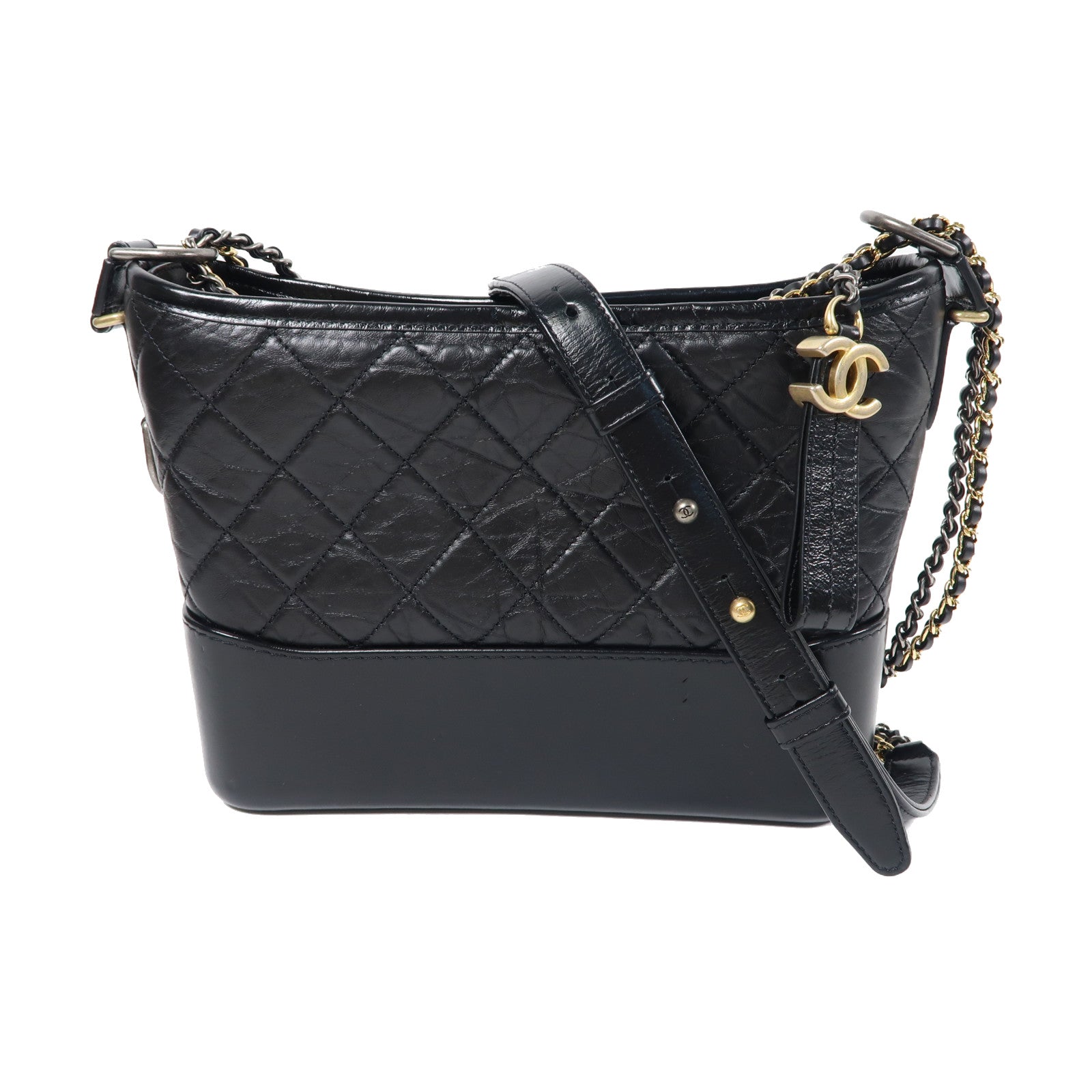 CHANEL 菱格牛皮皮革Gabrielle Medium金扣/銀扣鏈帶肩背袋黑色