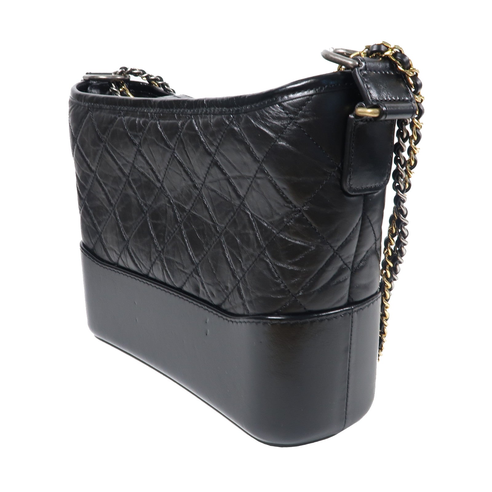 CHANEL 菱格牛皮皮革Gabrielle Medium金扣/銀扣鏈帶肩背袋黑色
