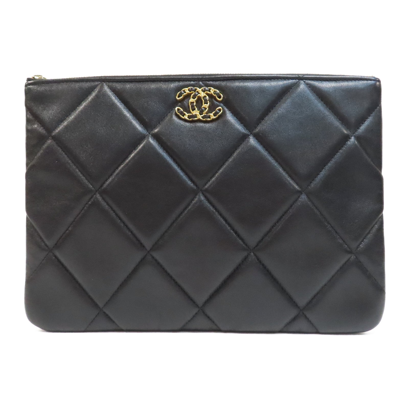 CHANEL 菱格羊皮皮革19 Clutch Bag金扣手拿包黑色