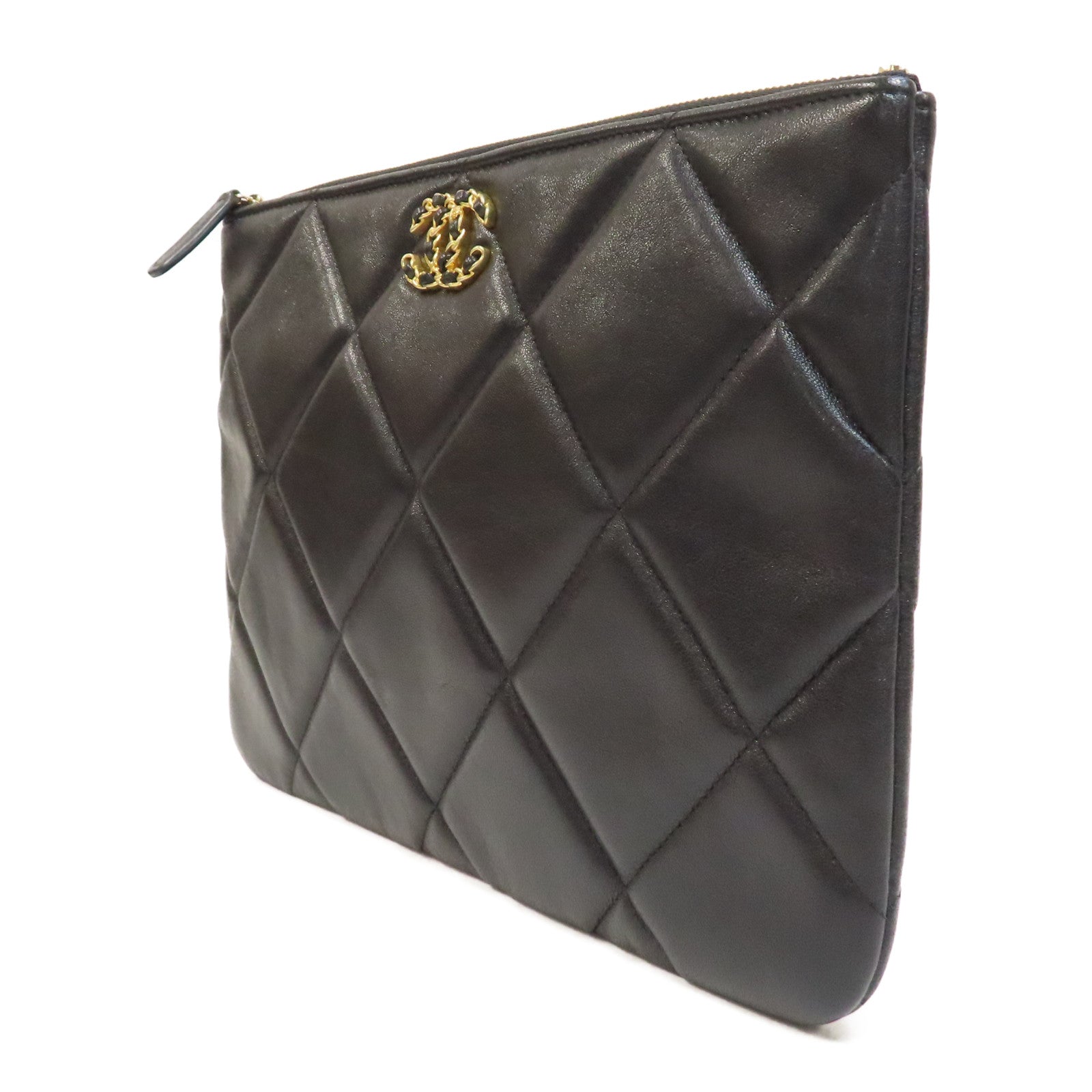CHANEL 菱格羊皮皮革19 Clutch Bag金扣手拿包黑色