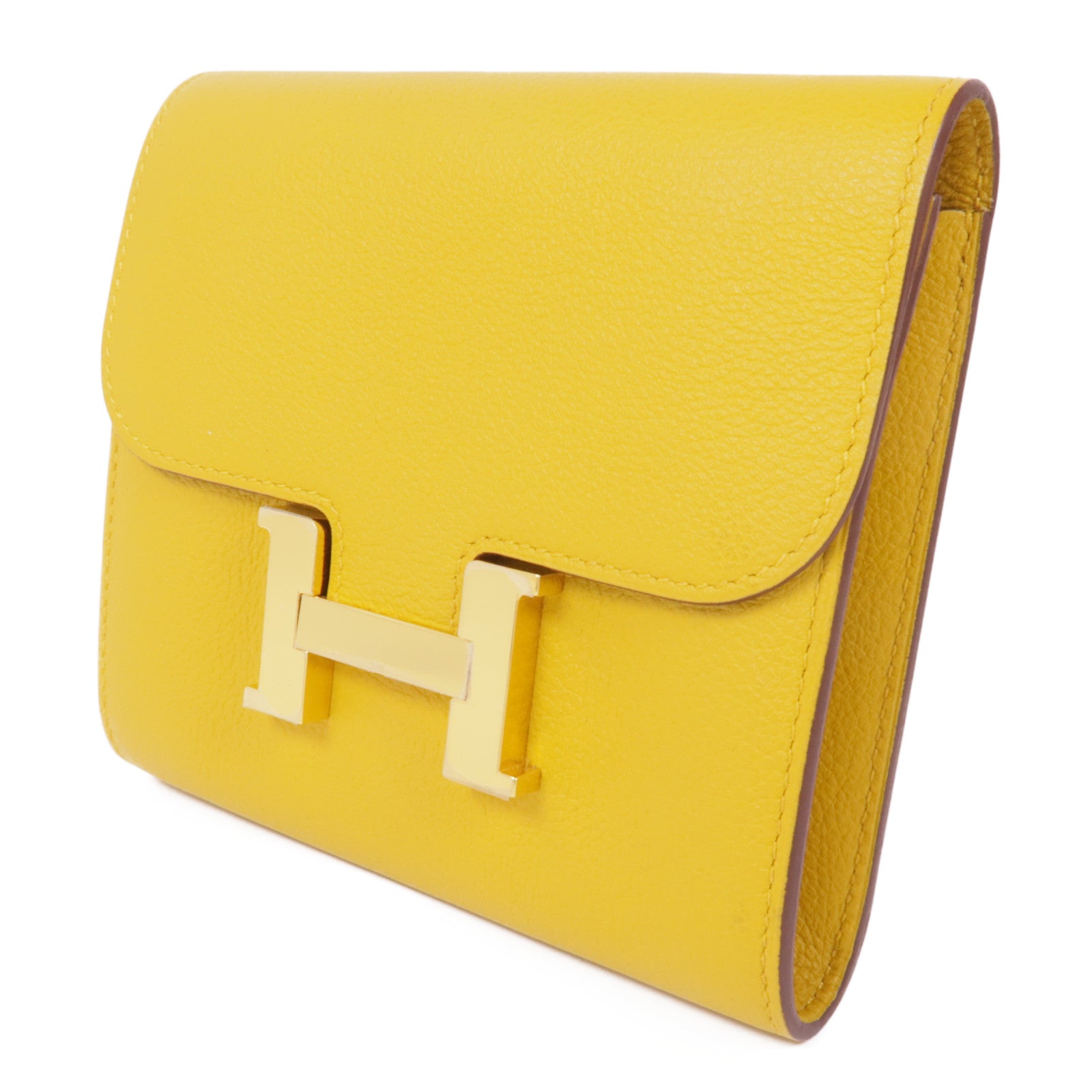 HERMES Evercolor皮革Constance Wallet金扣錢包9D/Jaune Amber