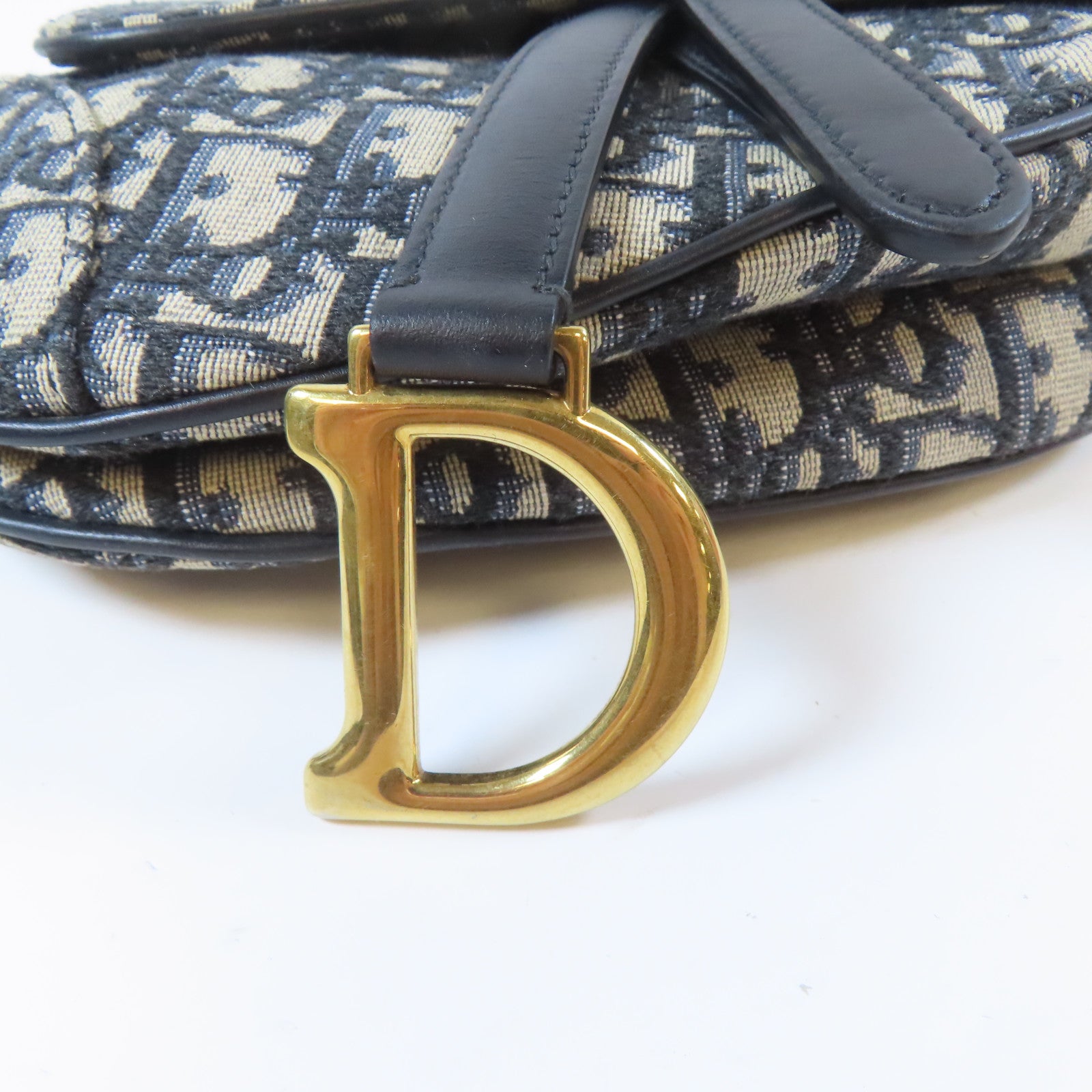 Dior 帆布Saddle金扣手挽肩背兩用袋深藍色/米色