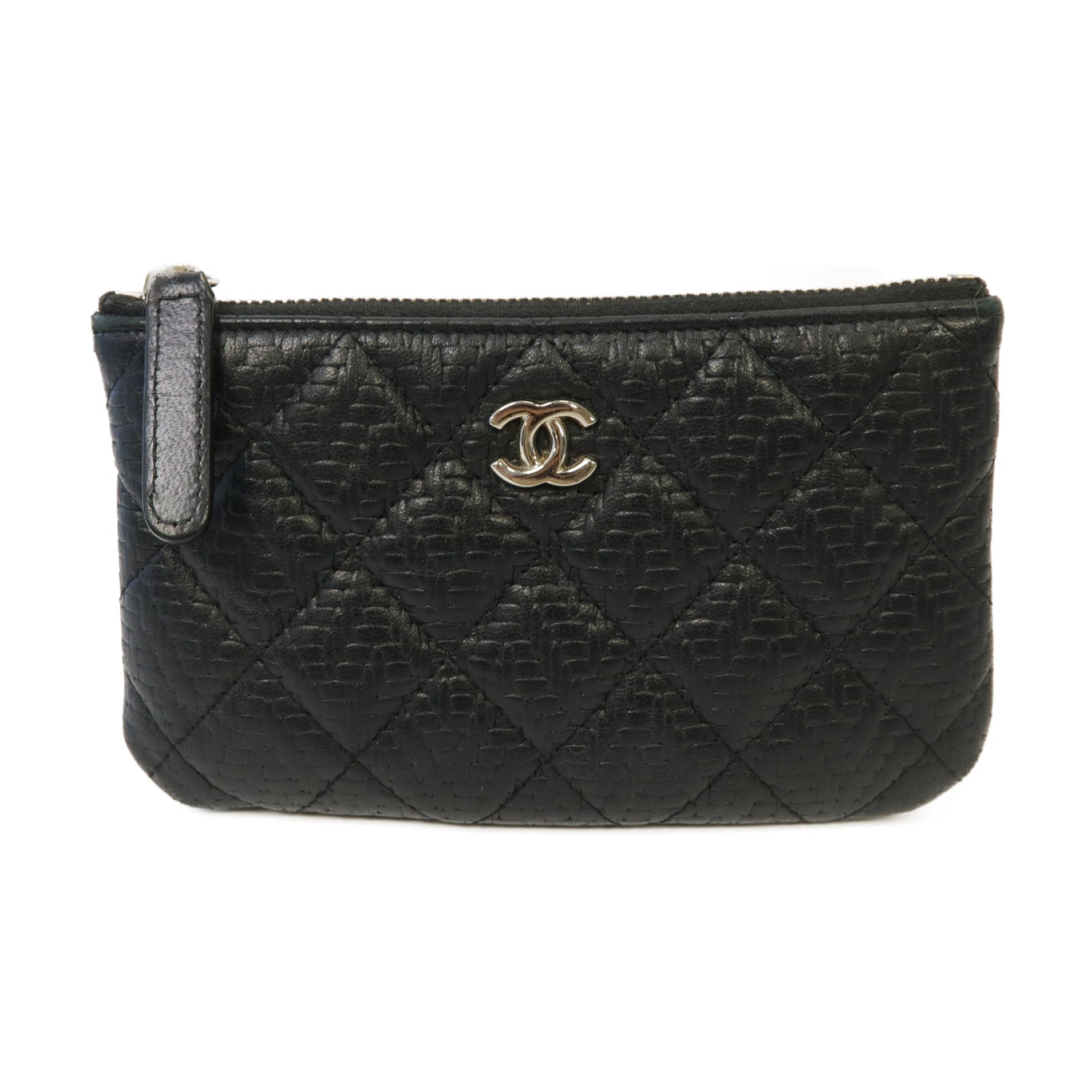 CHANEL 菱格牛皮皮革Clutch Bag銀扣手拿包黒色