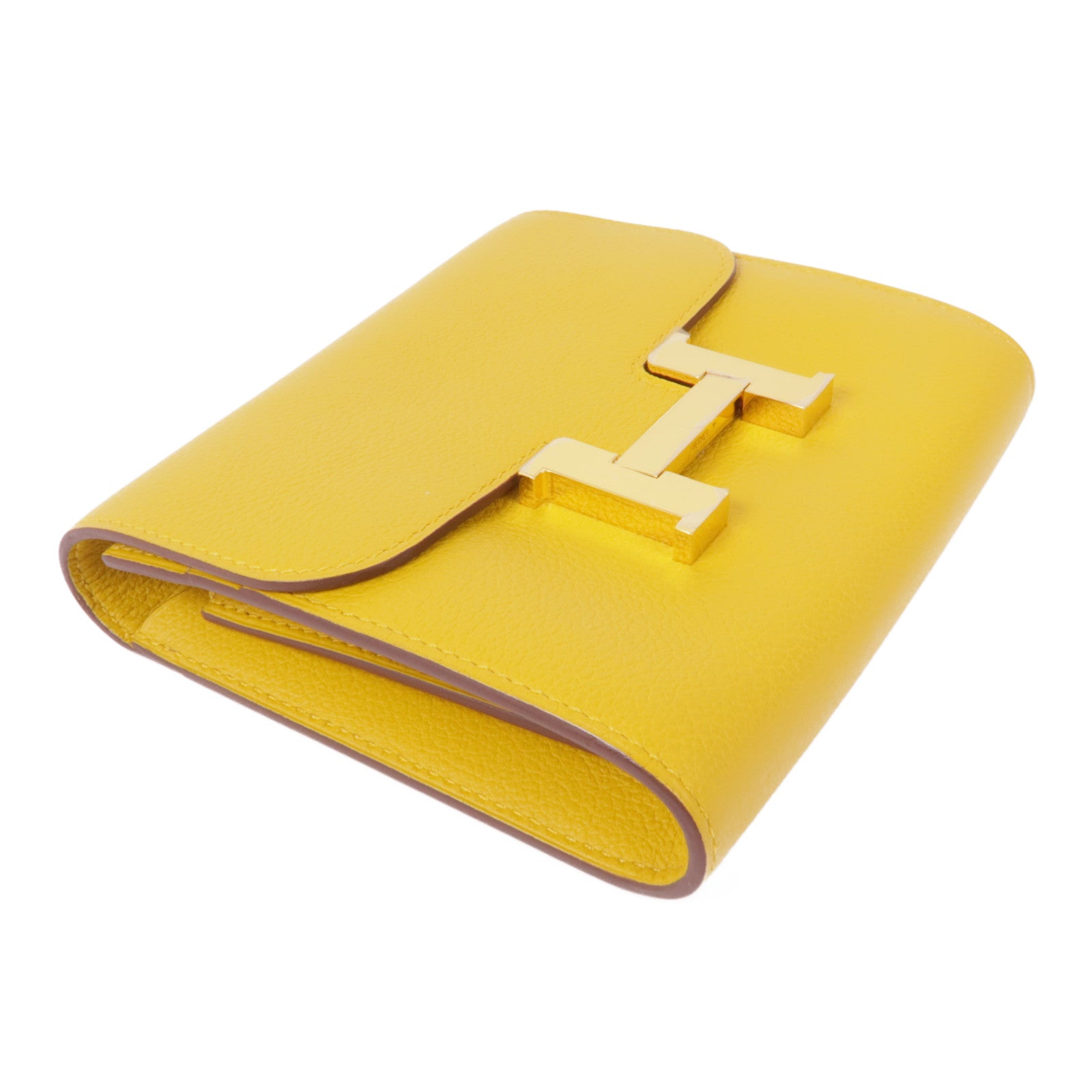 HERMES Evercolor皮革Constance Wallet金扣錢包9D/Jaune Amber