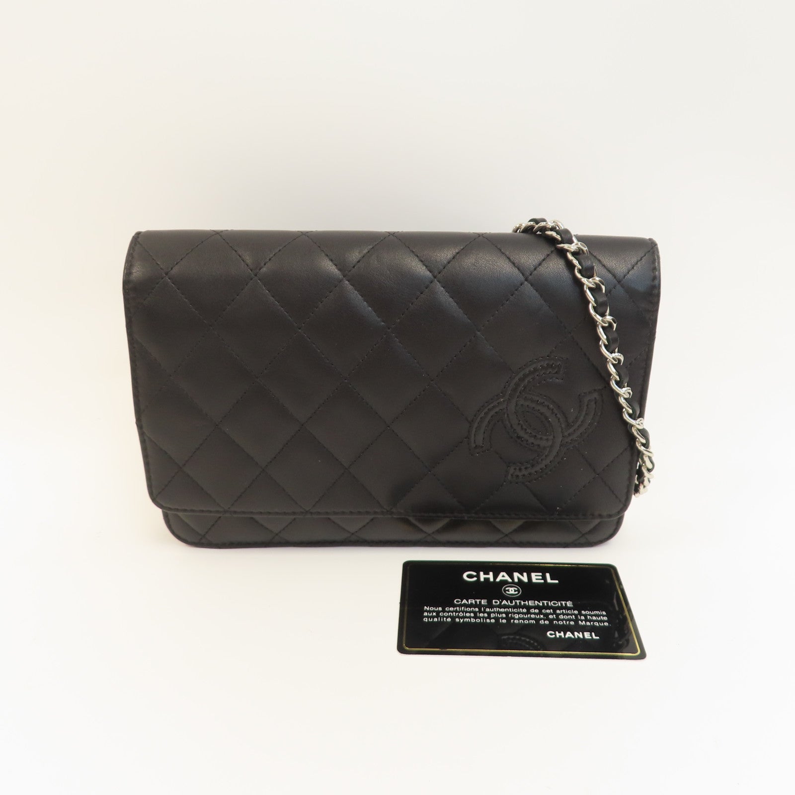 CHANEL 菱格羊皮皮革Wallet On Chain銀扣鏈帶肩背袋黑色