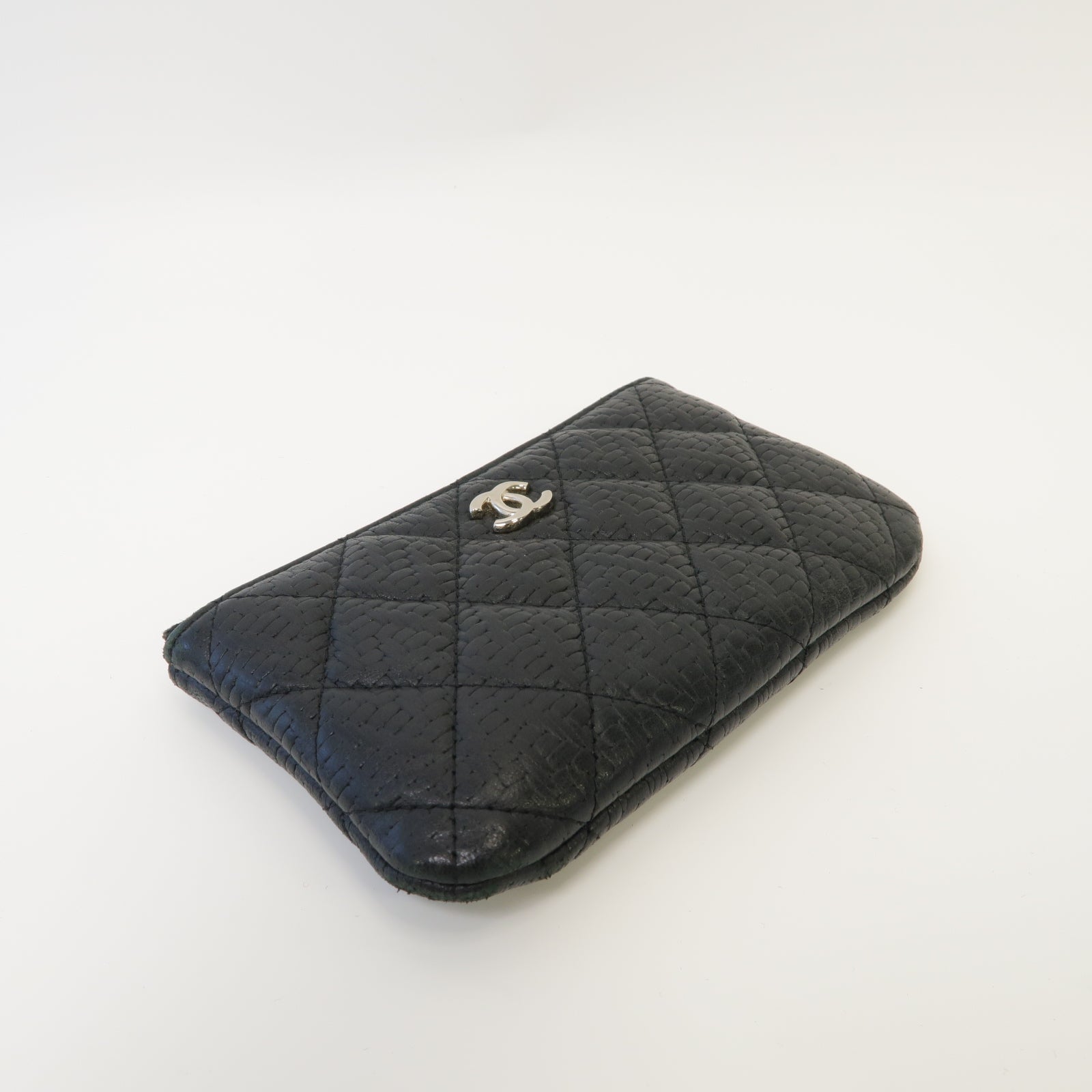 CHANEL 菱格牛皮皮革Clutch Bag銀扣手拿包黒色