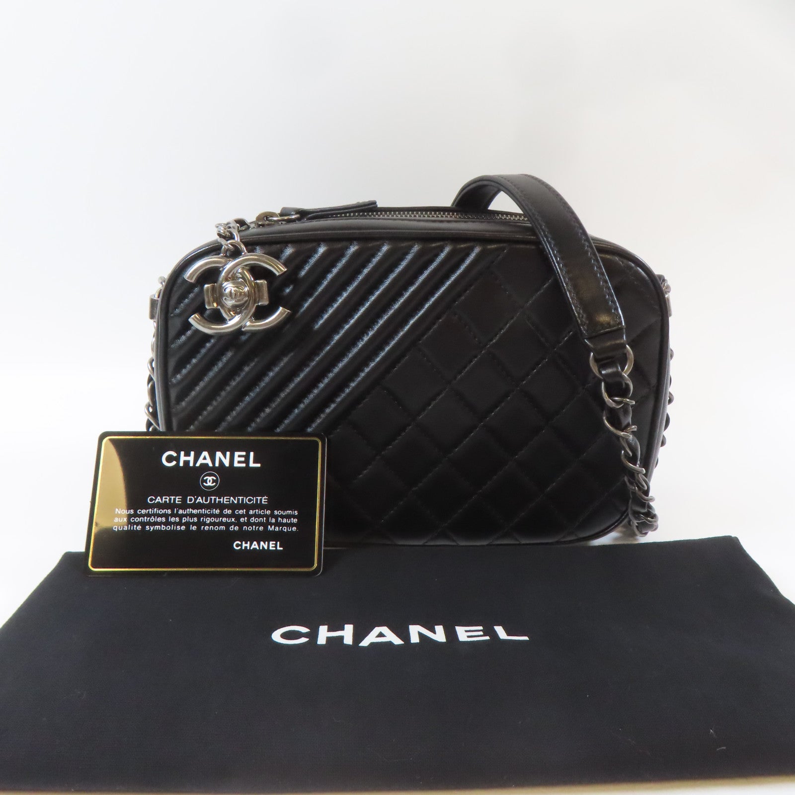 CHANEL 斜紋/菱格羊皮皮革Chain Shoulder銀扣鏈帶肩背袋黑色