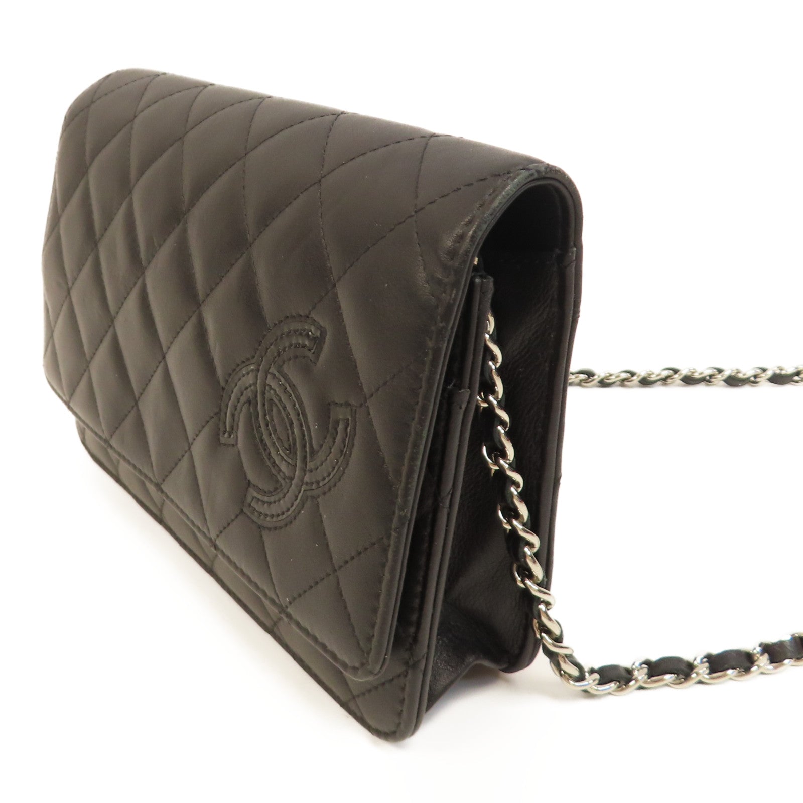 CHANEL 菱格羊皮皮革Wallet On Chain銀扣鏈帶肩背袋黑色