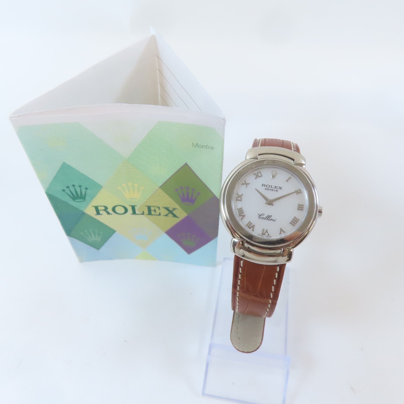 ROLEX Cellini 18K白金/皮革帶手錶石英機芯白色