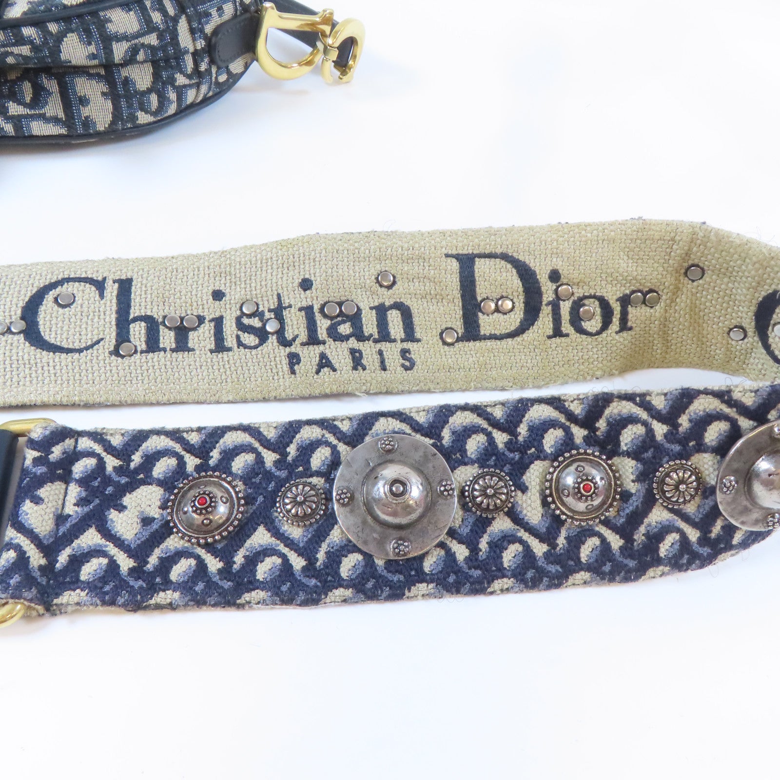Dior 帆布Saddle金扣手挽肩背兩用袋深藍色/米色