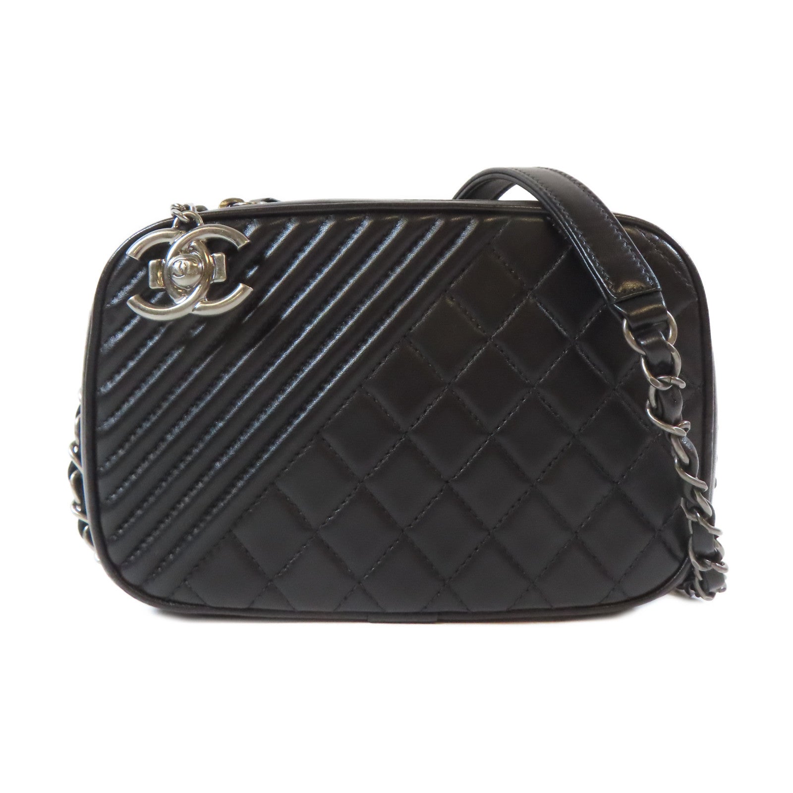 CHANEL 斜紋/菱格羊皮皮革Chain Shoulder銀扣鏈帶肩背袋黑色