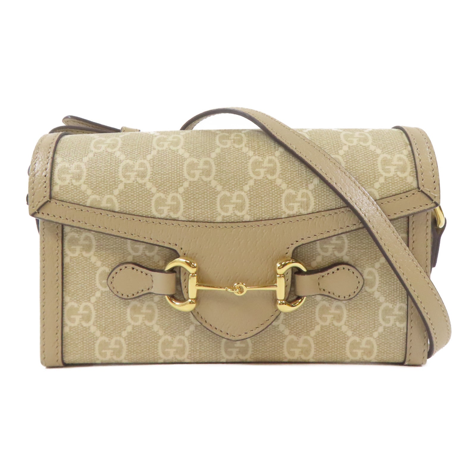 GUCCI 塗層帆布Horsebit 1955 Mini金扣肩背袋米色