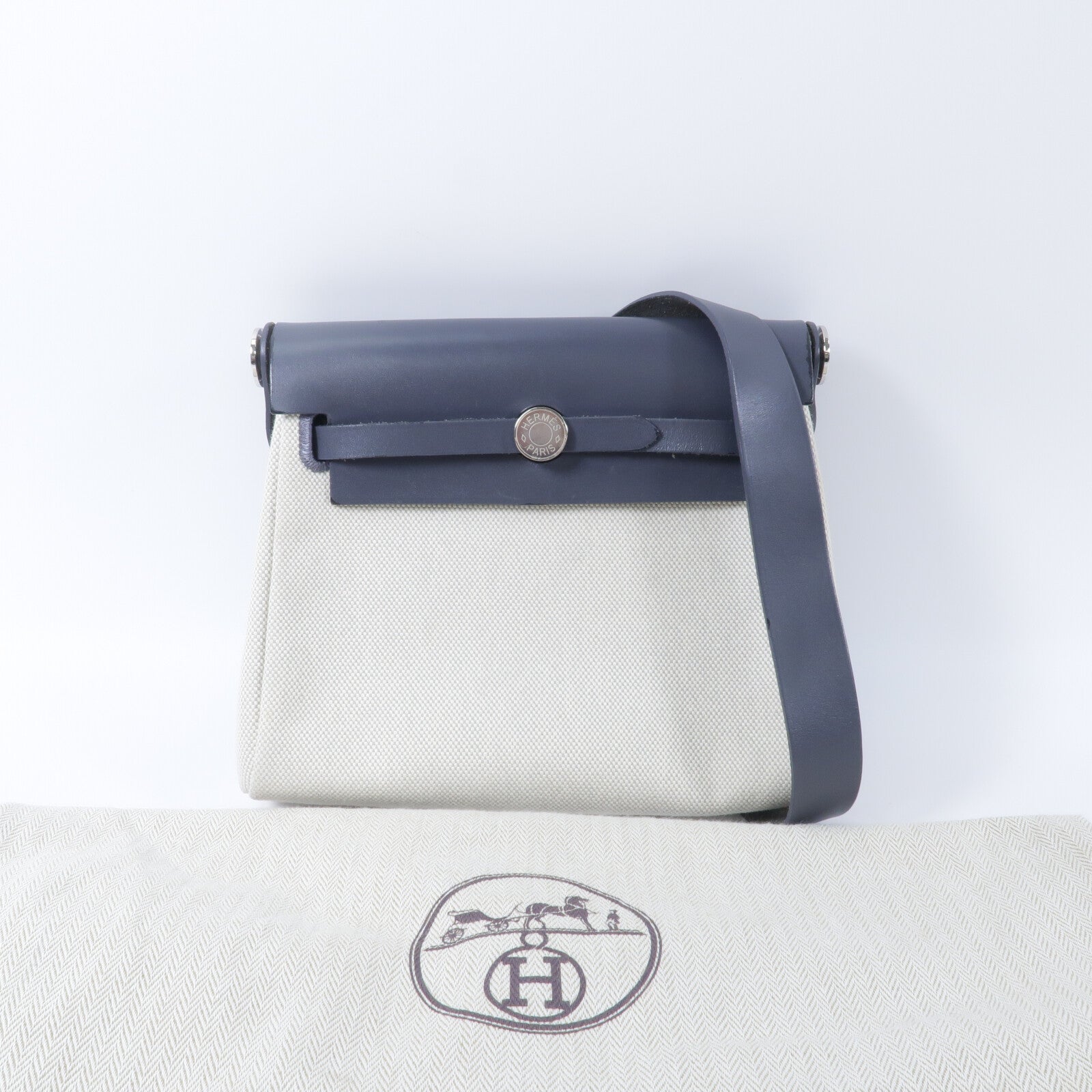 HERMES 帆布Mini Herbag肩背袋Ardoise/Beige