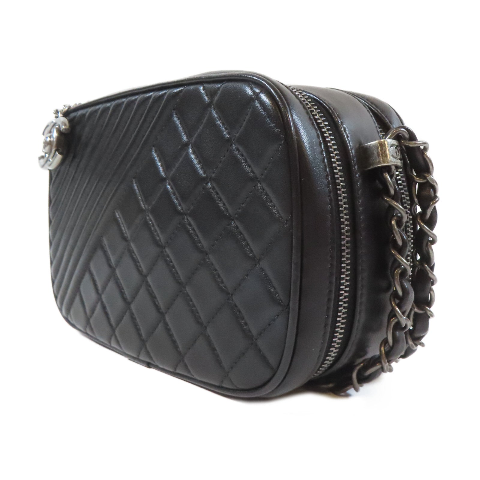 CHANEL 斜紋/菱格羊皮皮革Chain Shoulder銀扣鏈帶肩背袋黑色
