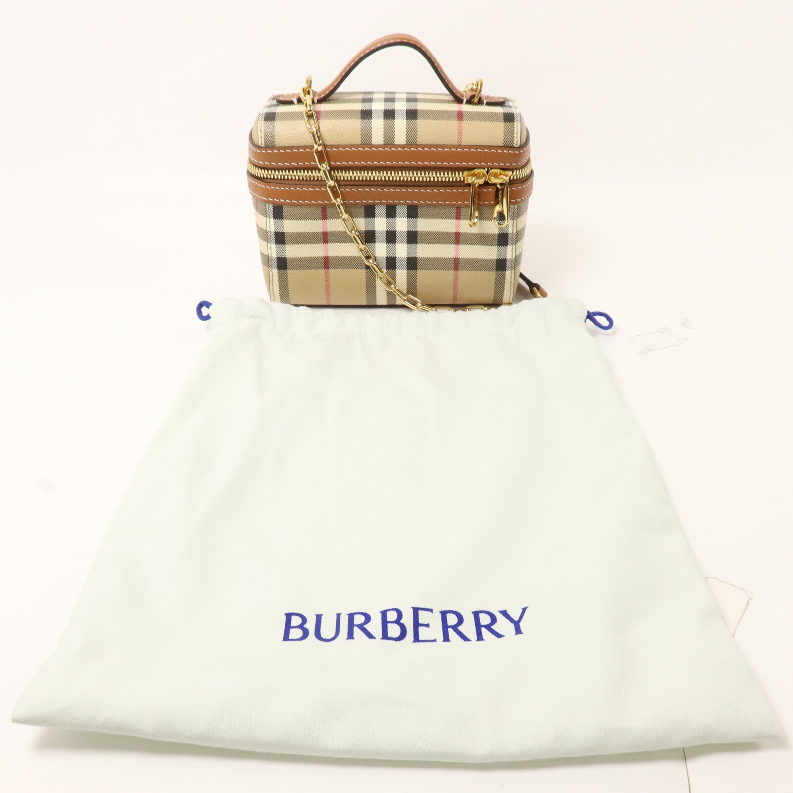BURBERRY 塗層帆布Mini Check Vanity Bag鏈帶手挽肩背兩用袋