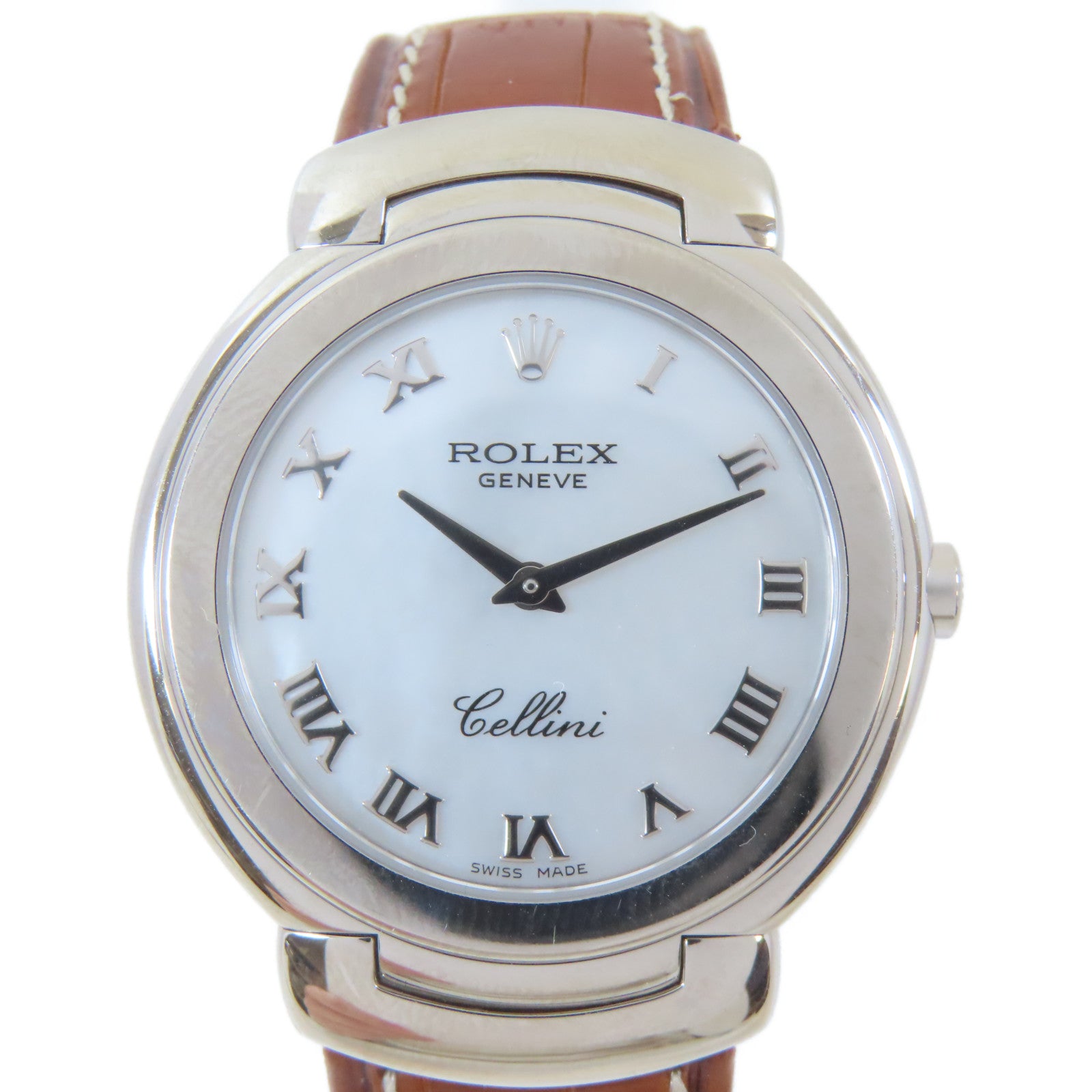 ROLEX Cellini 18K白金/皮革帶手錶石英機芯白色