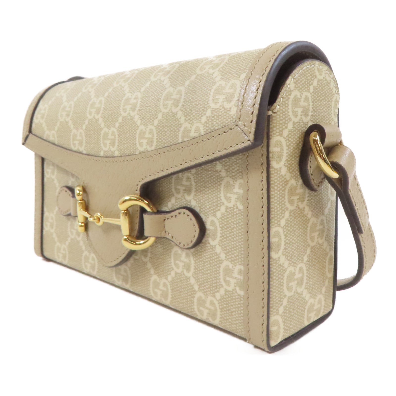 GUCCI 塗層帆布Horsebit 1955 Mini金扣肩背袋米色
