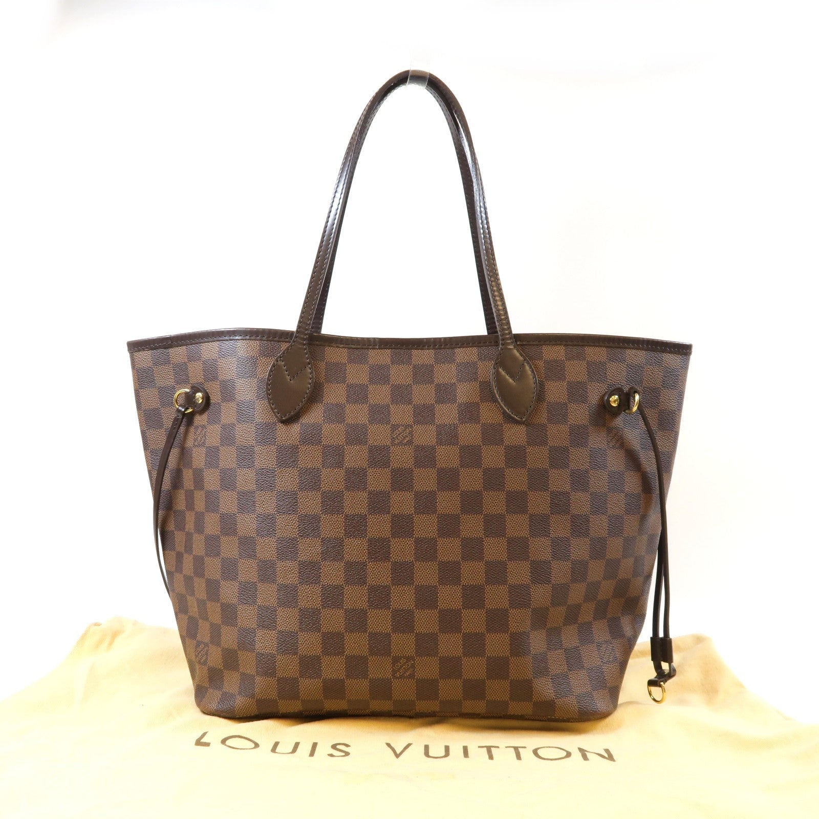 LOUIS VUITTON Damier Neverfull MM金扣手挽袋棕色