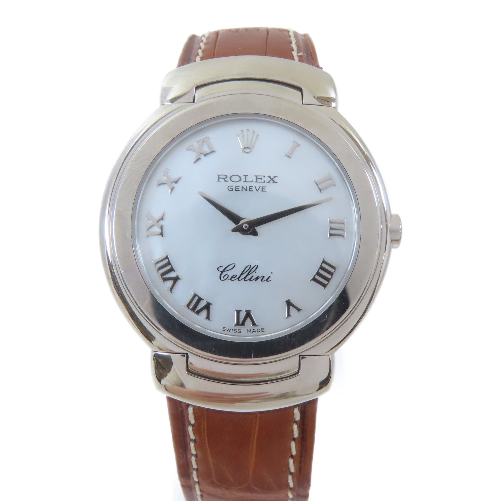 ROLEX Cellini 18K白金/皮革帶手錶石英機芯白色