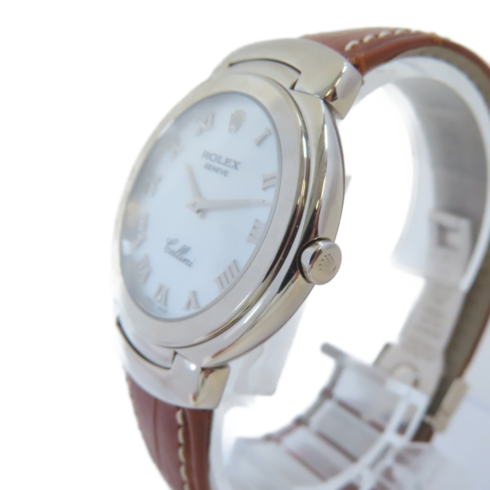 ROLEX Cellini 18K白金/皮革帶手錶石英機芯白色