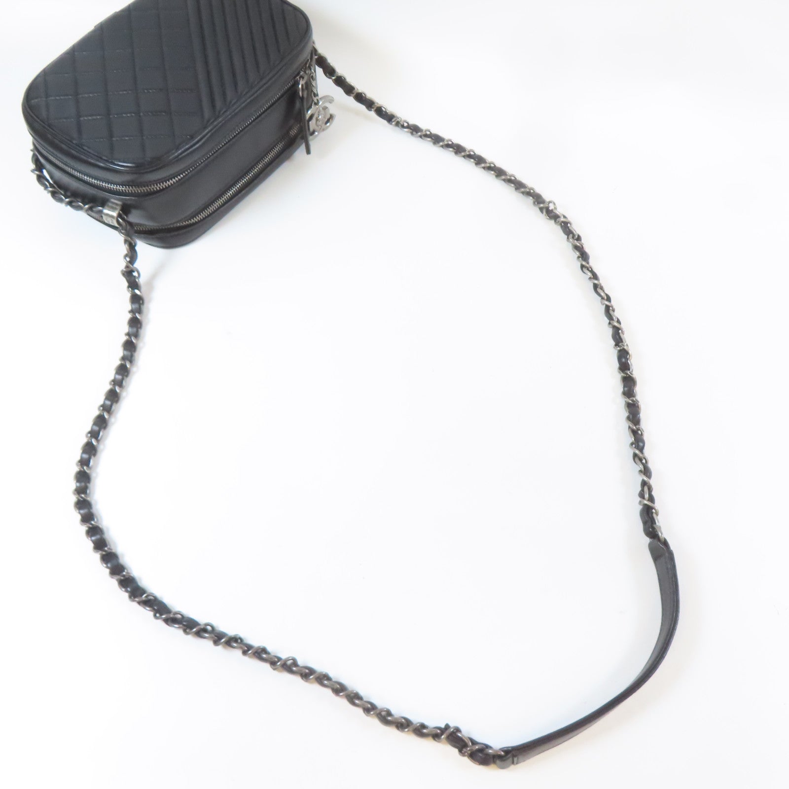 CHANEL 斜紋/菱格羊皮皮革Chain Shoulder銀扣鏈帶肩背袋黑色