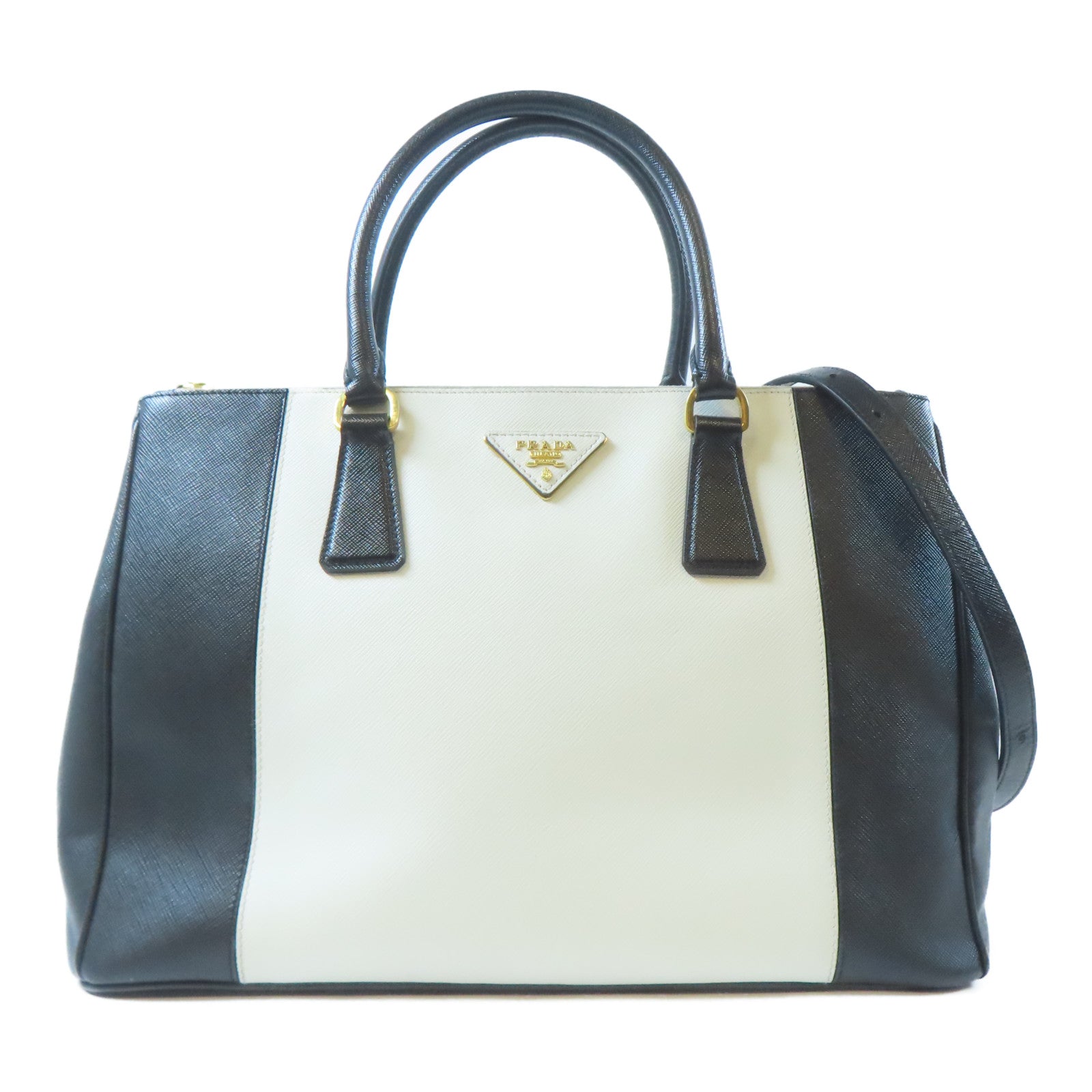 PRADA 【激減優惠】Saffiano皮革Galleria金扣手挽肩背兩用袋黑色/白色