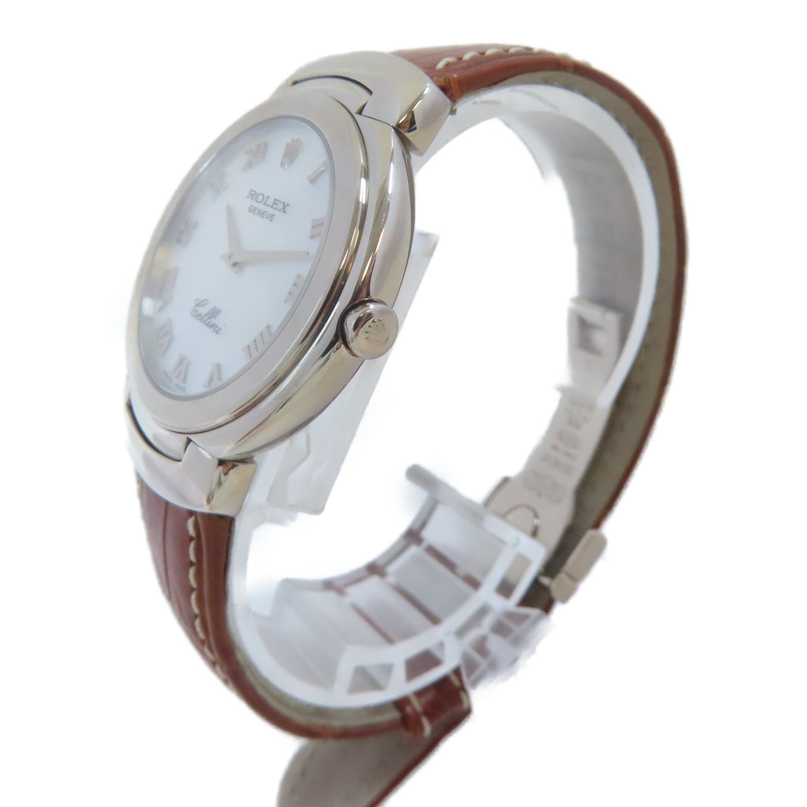ROLEX Cellini 18K白金/皮革帶手錶石英機芯白色