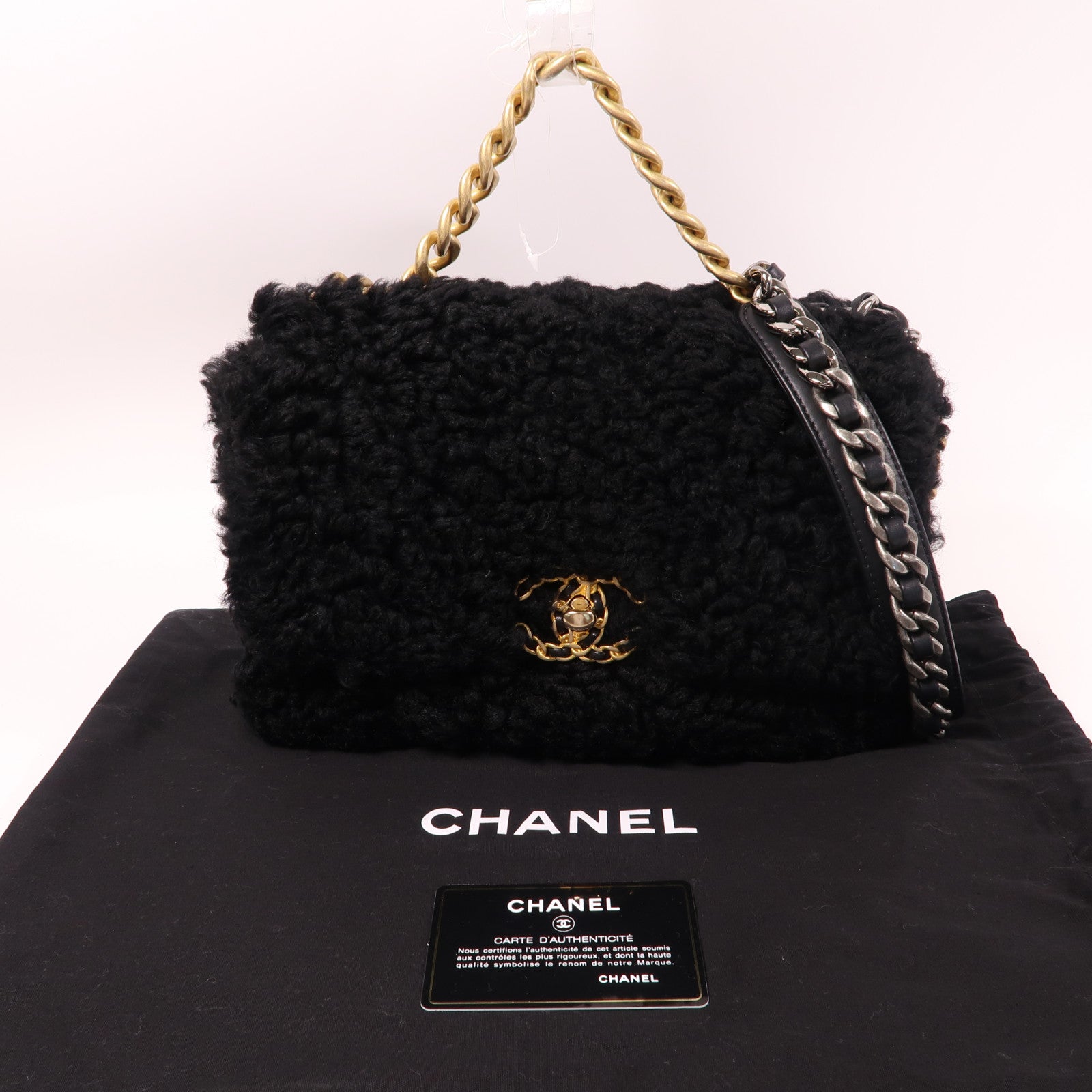 CHANEL 羊毛C19 Small金扣手挽肩背兩用袋黑色