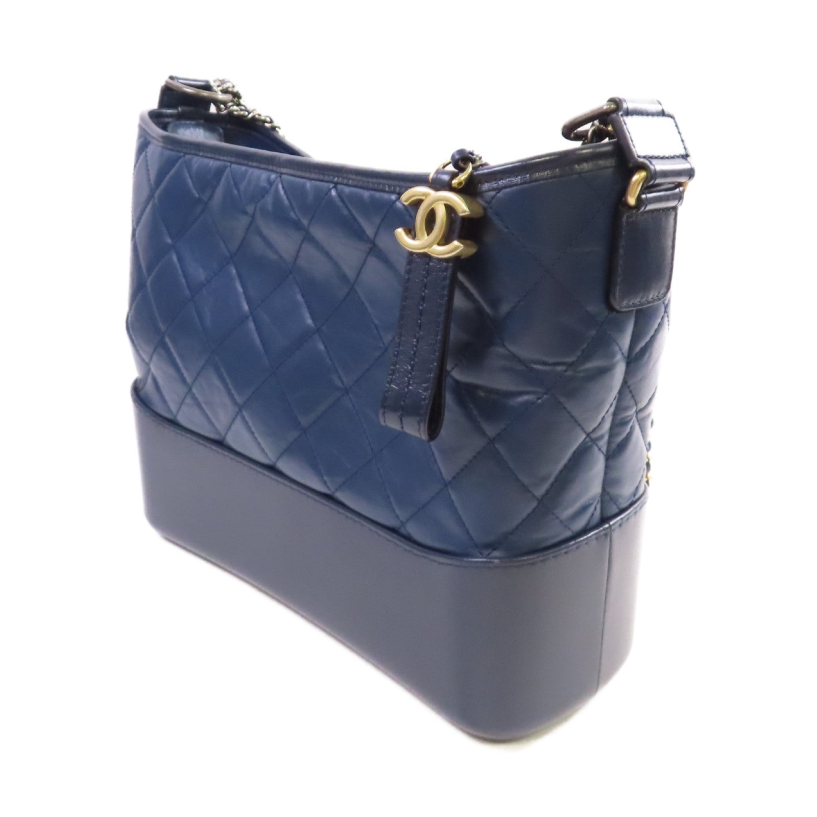CHANEL 菱格牛皮皮革Gabrielle Medium Chain Shoulder Bag鏈帶肩背袋藍色/黑色
