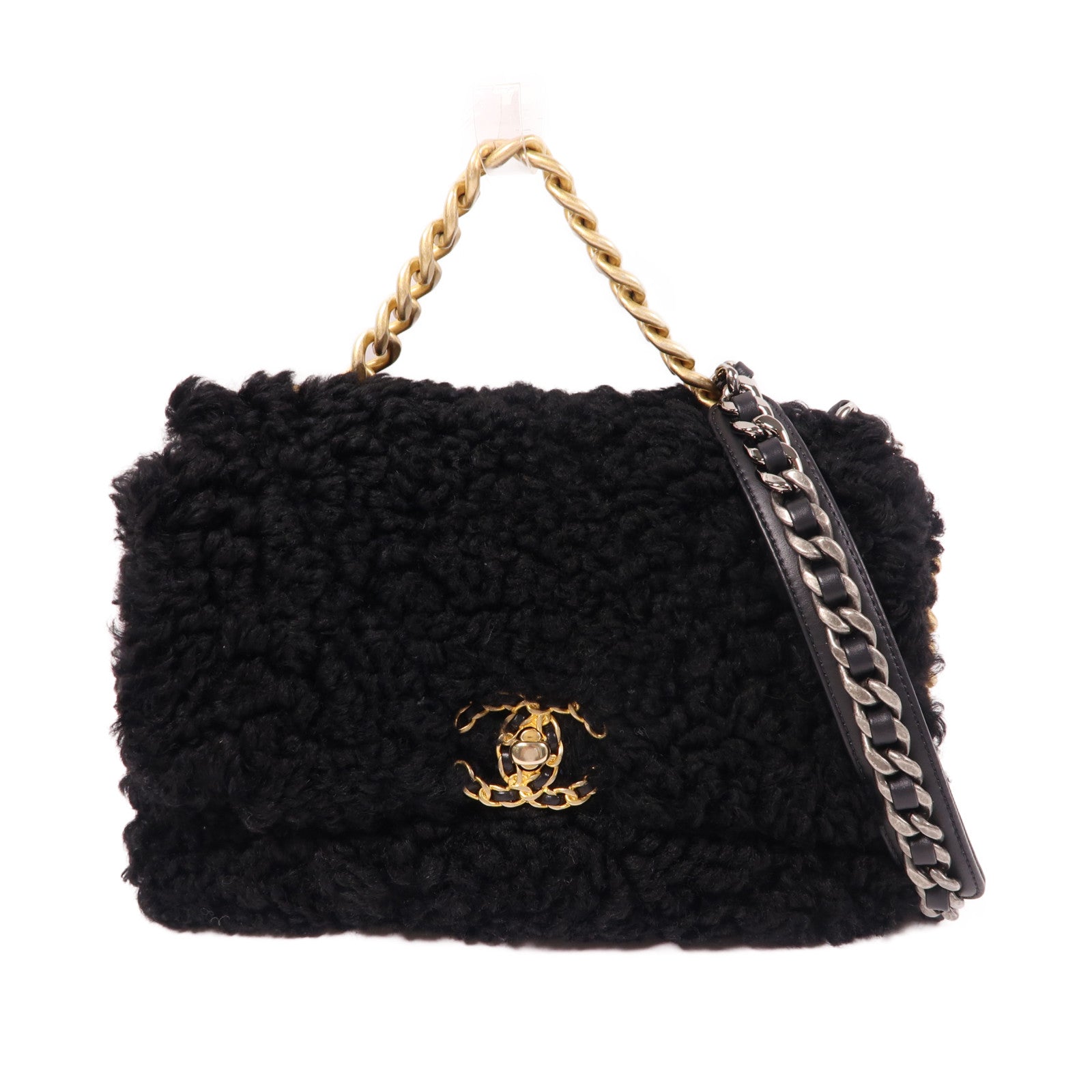 CHANEL 羊毛C19 Small金扣手挽肩背兩用袋黑色