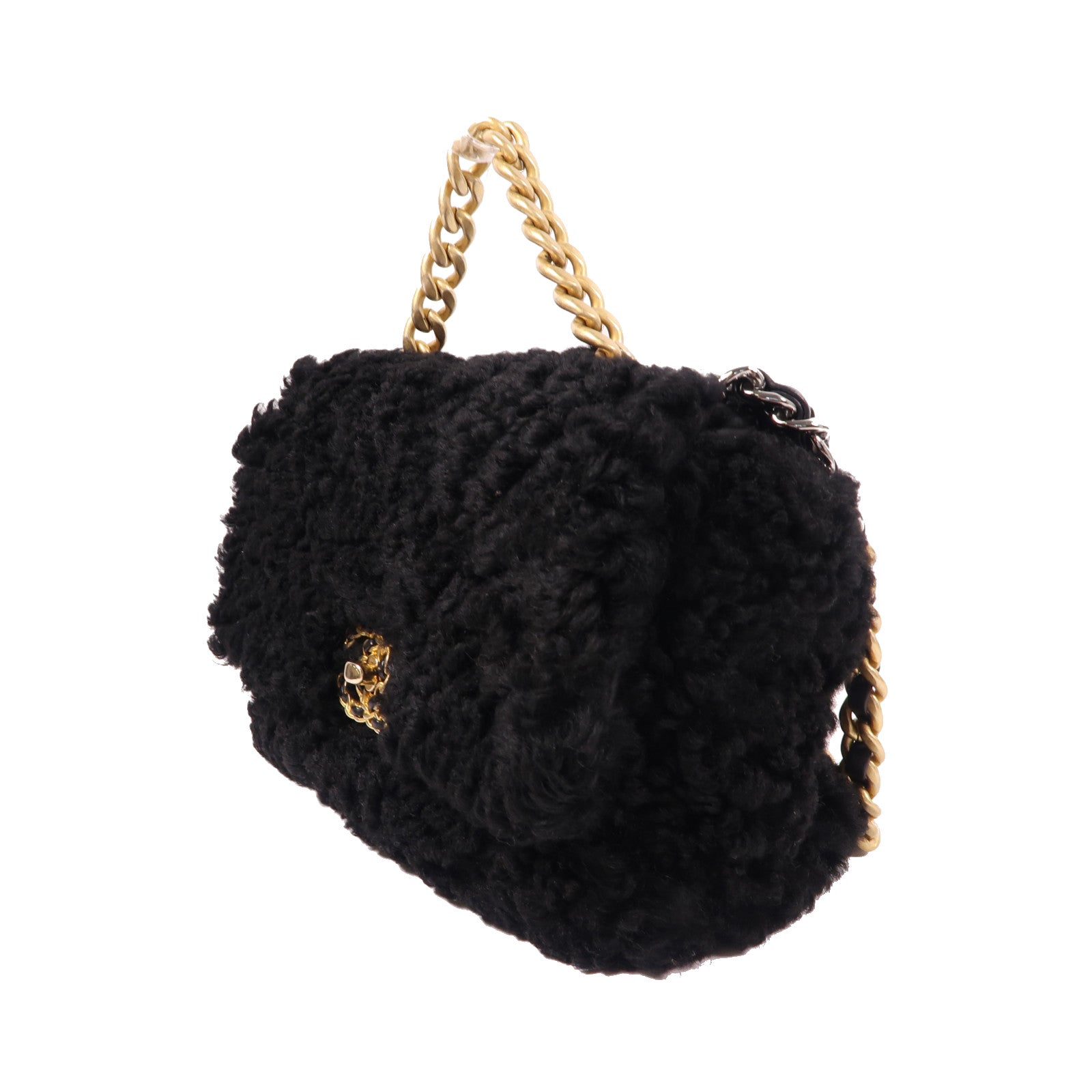 CHANEL 羊毛C19 Small金扣手挽肩背兩用袋黑色