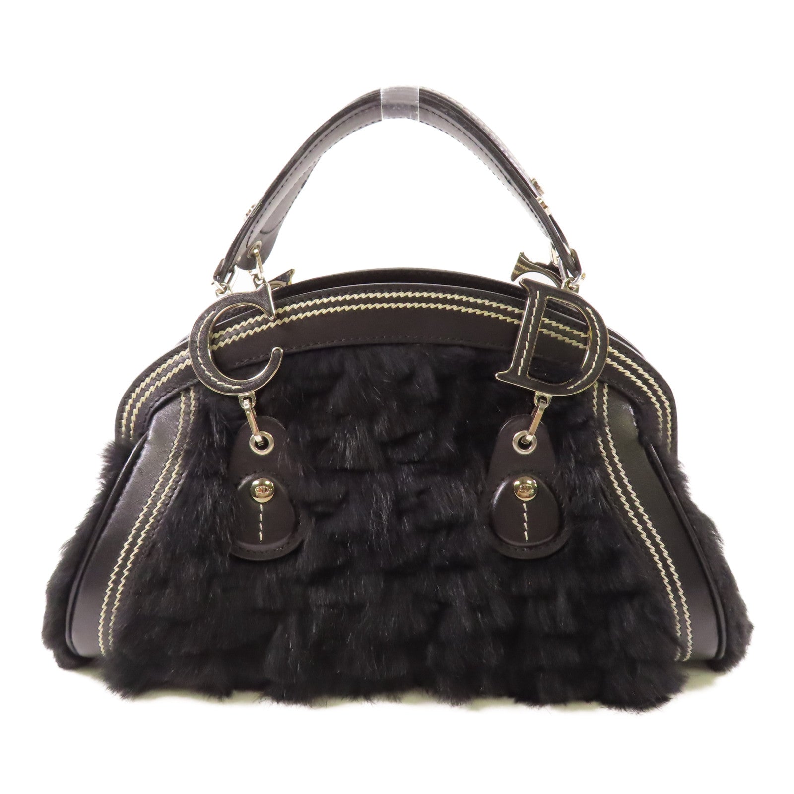 Dior 牛皮皮革/兔毛Handbag銀扣手挽袋