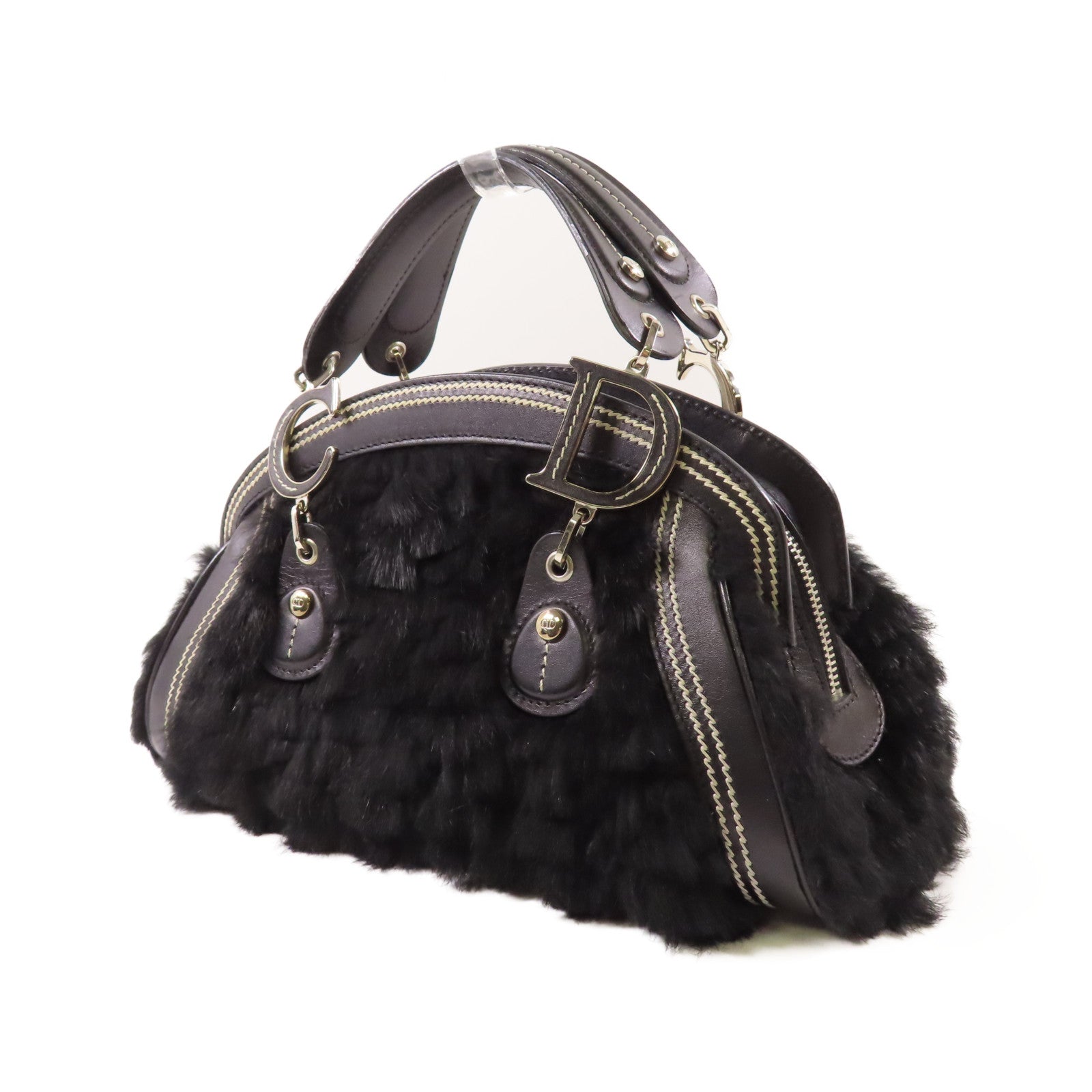 Dior 牛皮皮革/兔毛Handbag銀扣手挽袋