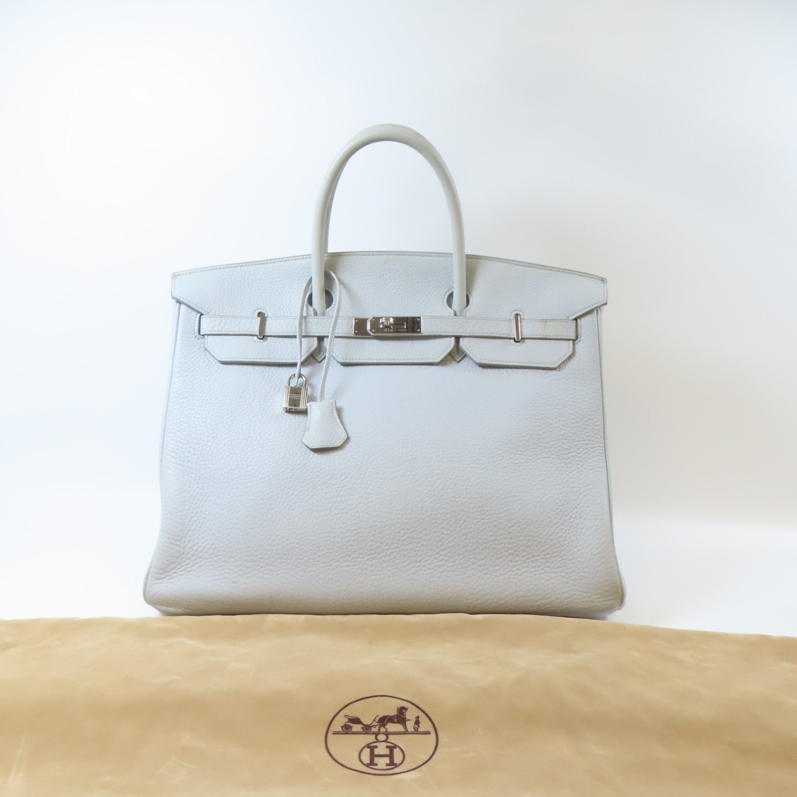 HERMES Clemence皮革Birkin 40銀扣手挽袋淺灰色