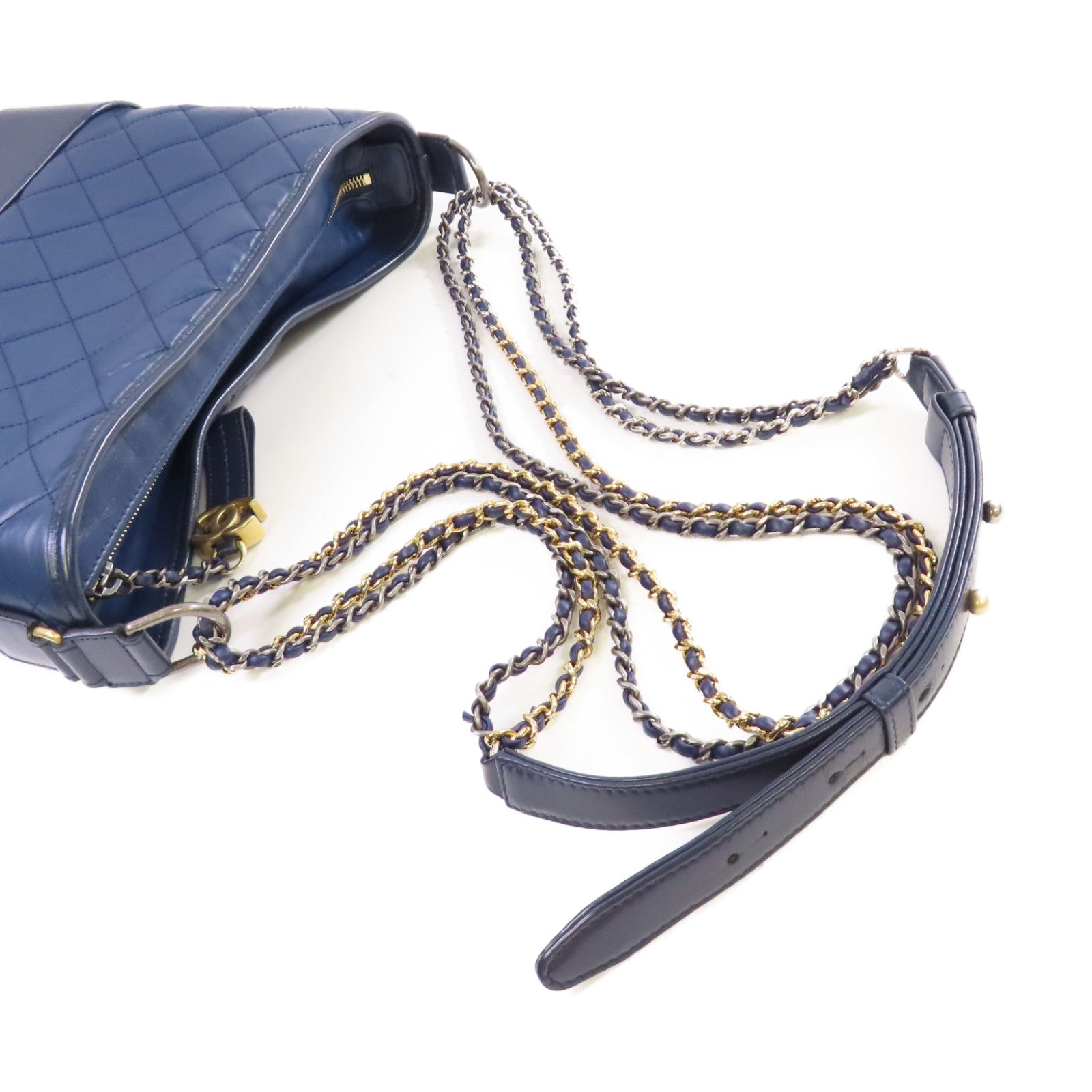 CHANEL 菱格牛皮皮革Gabrielle Medium Chain Shoulder Bag鏈帶肩背袋藍色/黑色