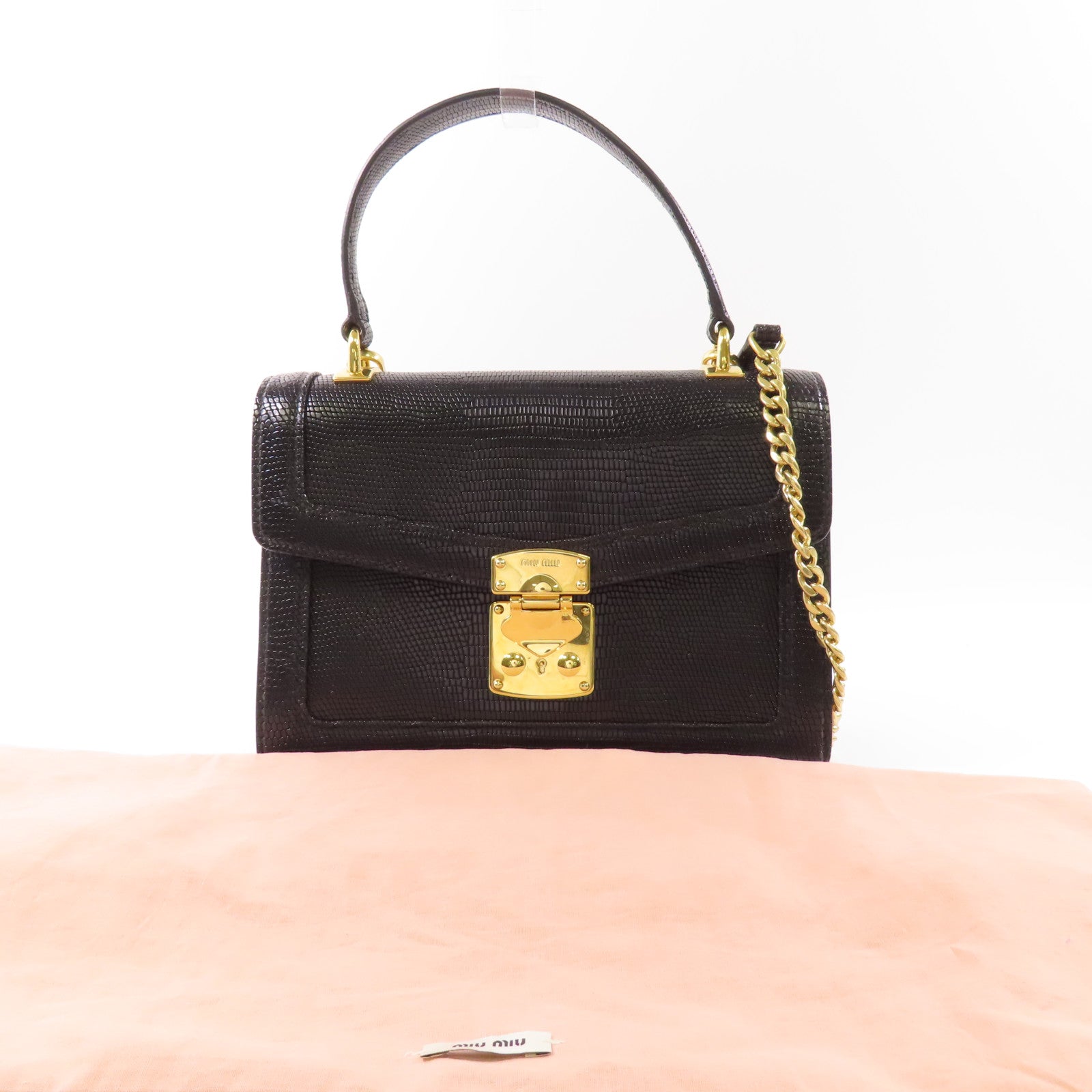 Miu Miu 皮革Embossed金扣鏈帶手挽肩背兩用袋