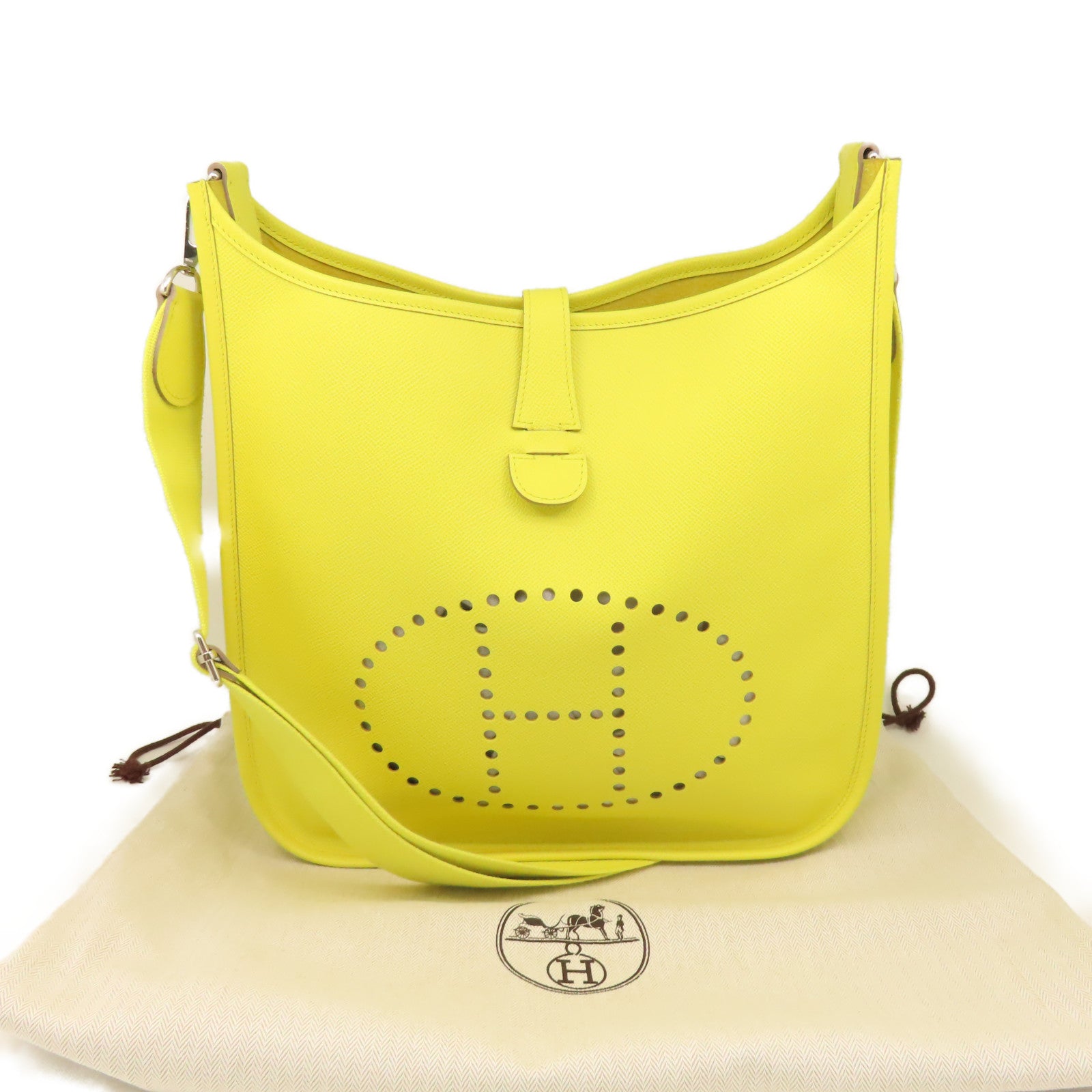 HERMES 【激減優惠】Epsom皮革Evelyne GM Shoulder Bag銀扣肩背袋Soufre糖果黃色