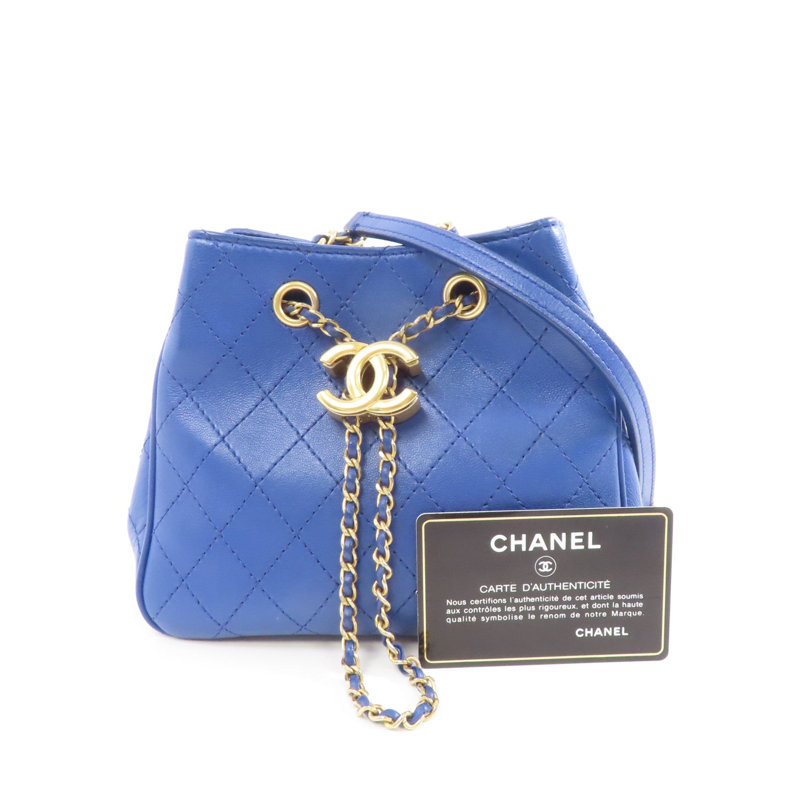 CHANEL 菱格牛皮皮革Egyptian Amulet金扣鏈帶肩背袋藍色