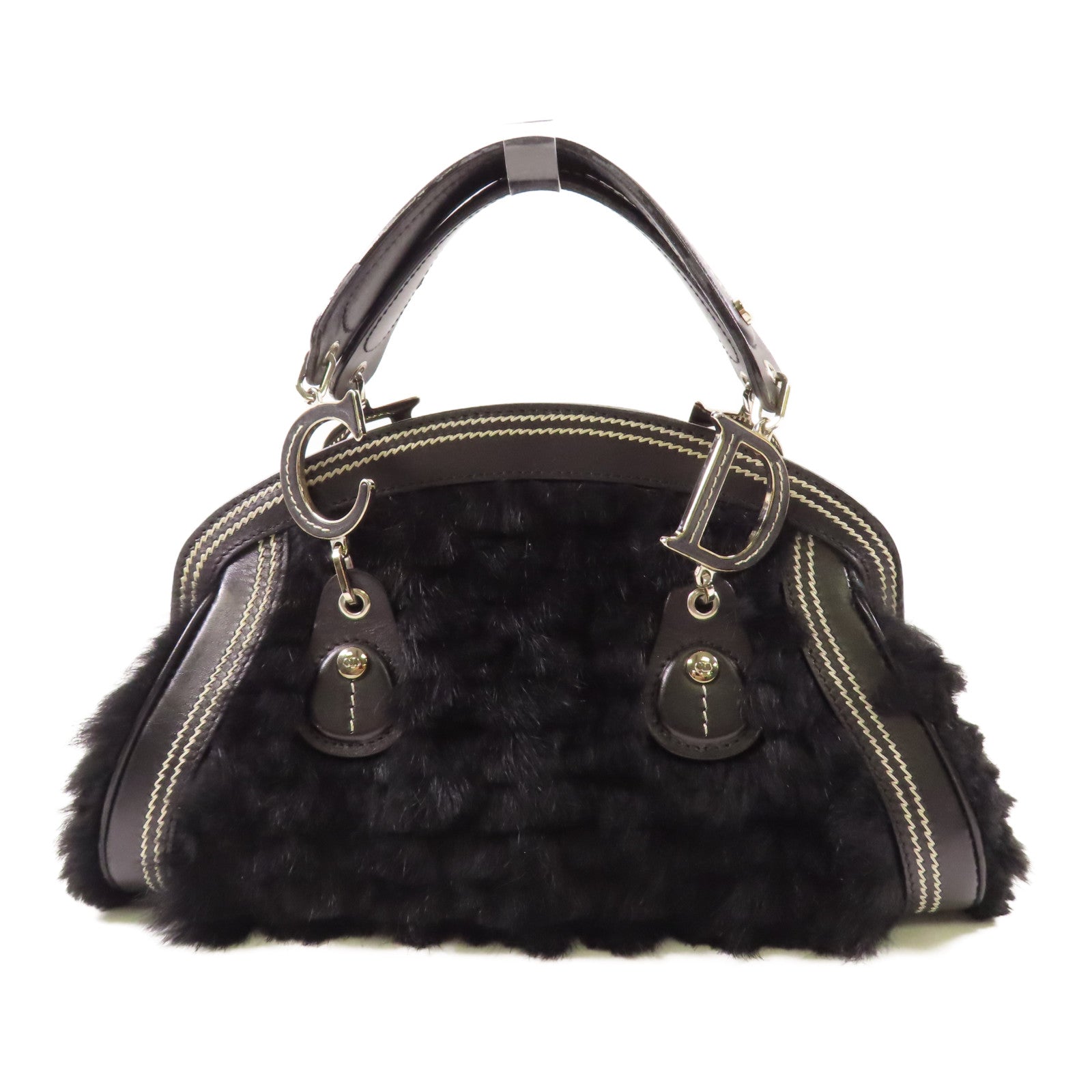 Dior 牛皮皮革/兔毛Handbag銀扣手挽袋