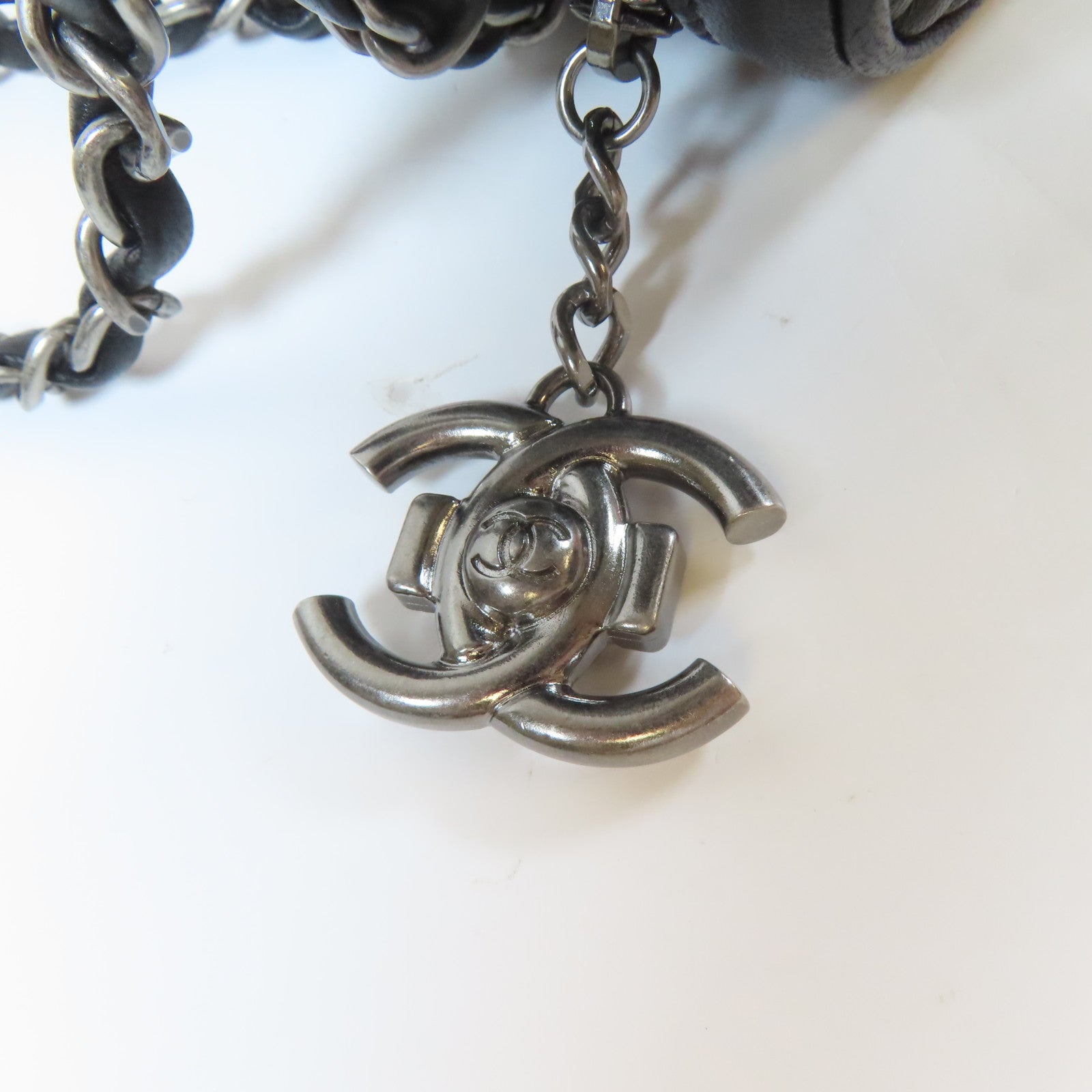 CHANEL 斜紋/菱格羊皮皮革Chain Shoulder銀扣鏈帶肩背袋黑色