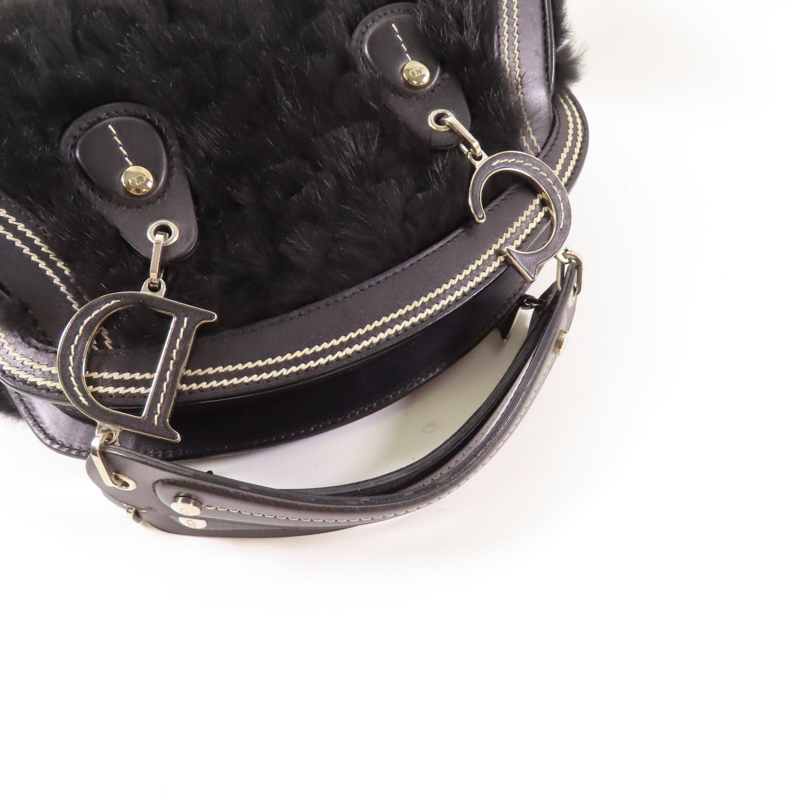 Dior 牛皮皮革/兔毛Handbag銀扣手挽袋