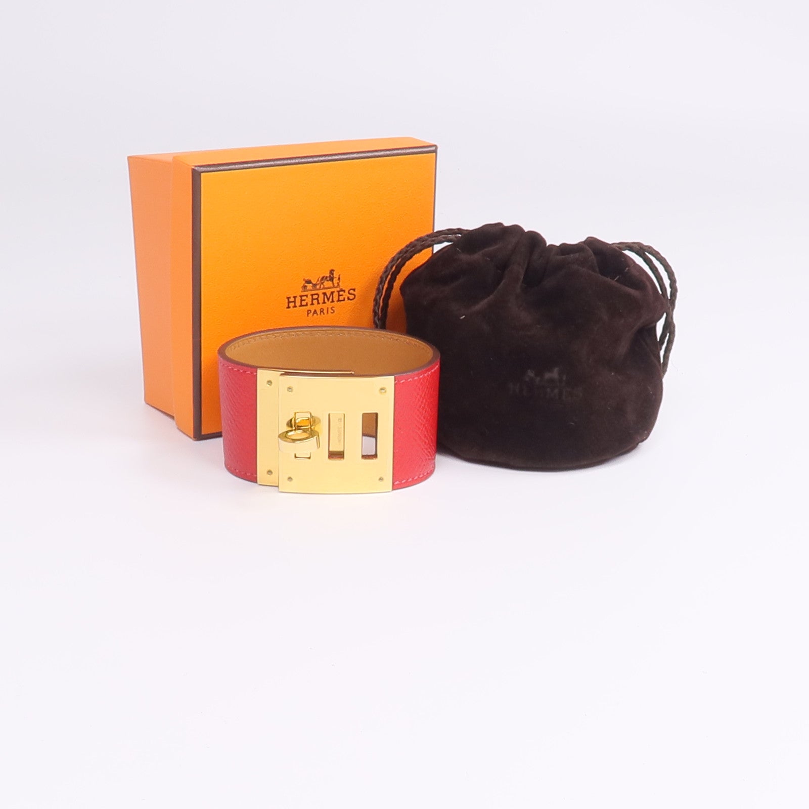 HERMES Epsom皮革Kelly Dog Bracelet手帶Rouge Casaque